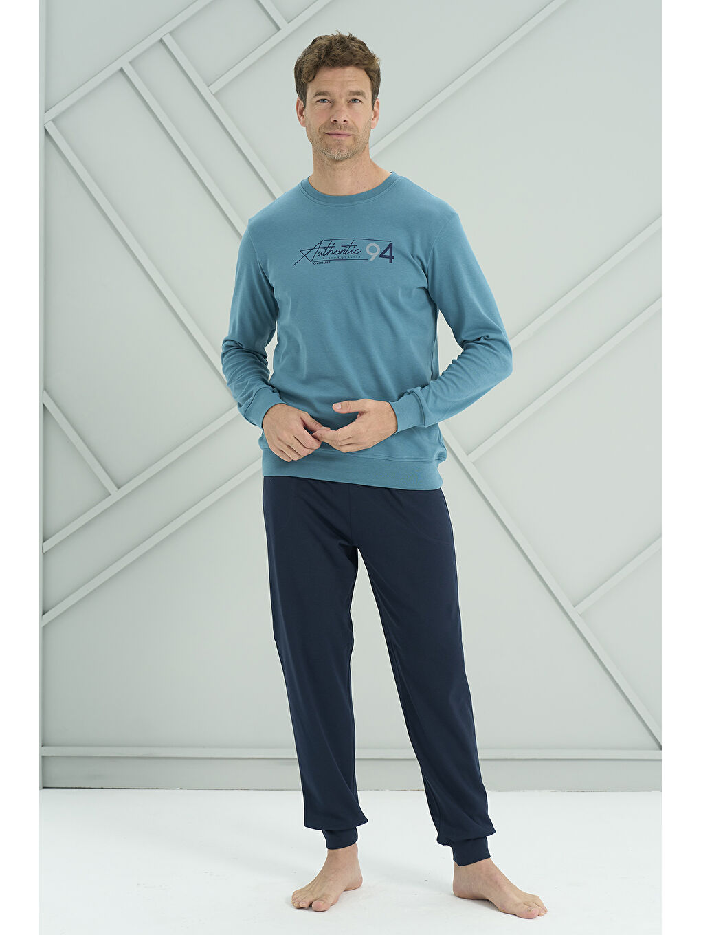 Erkek Interlok Penye Uzun Kol Pijama Takımı 2222 Petrol-3