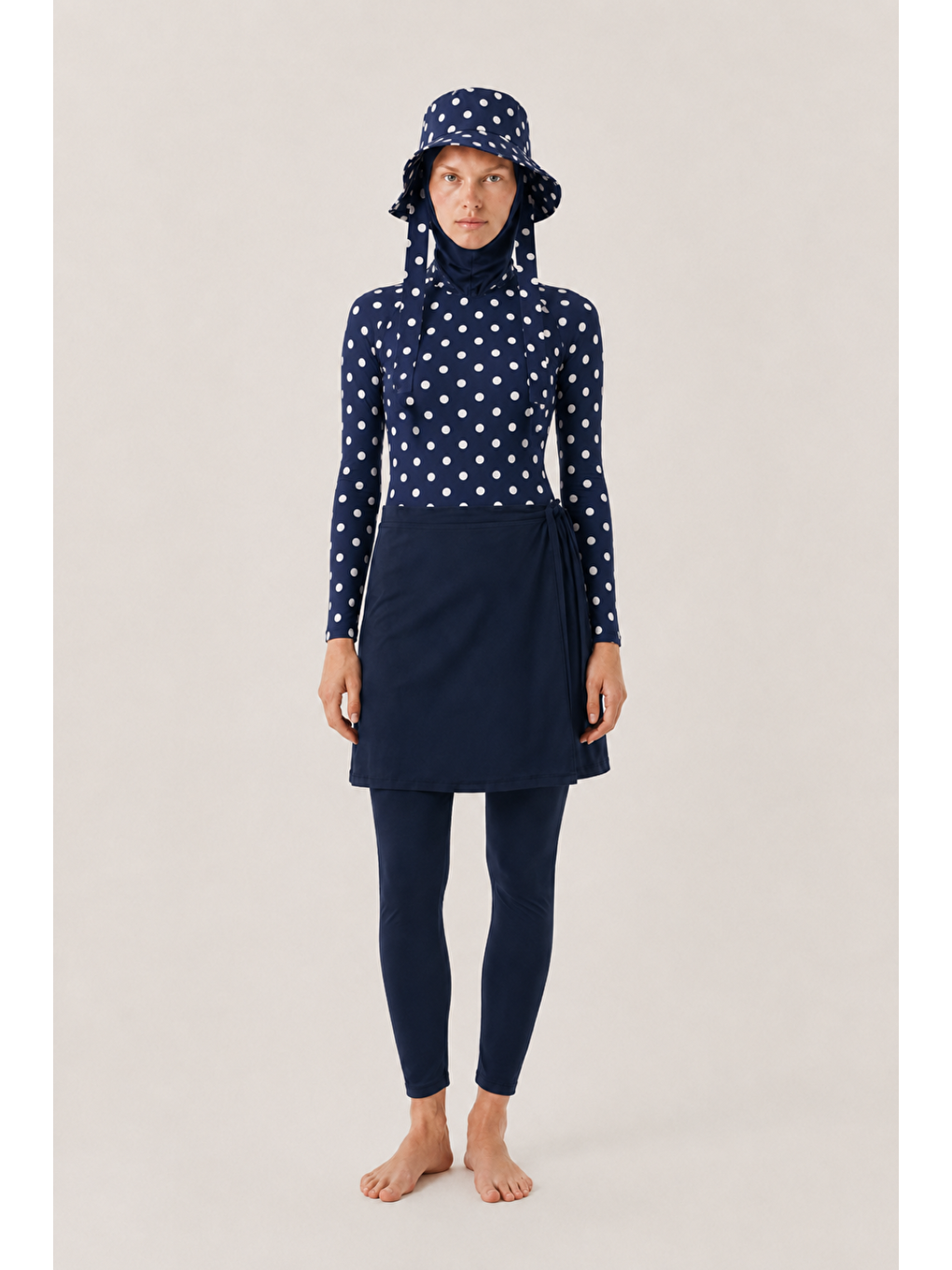 Pearl Dot | Beyaz Puantiyeli Lacivert Yüzücü Tesettür Mayo 5 Li Set-2