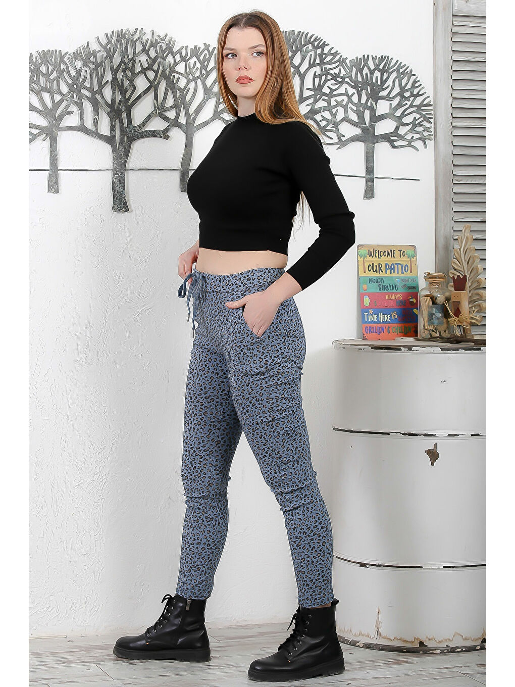 İtalyan Leopar Mavi Lastikli Ve Bağlamalı Bel Dar Paça Casual Dokuma Pantolon-3