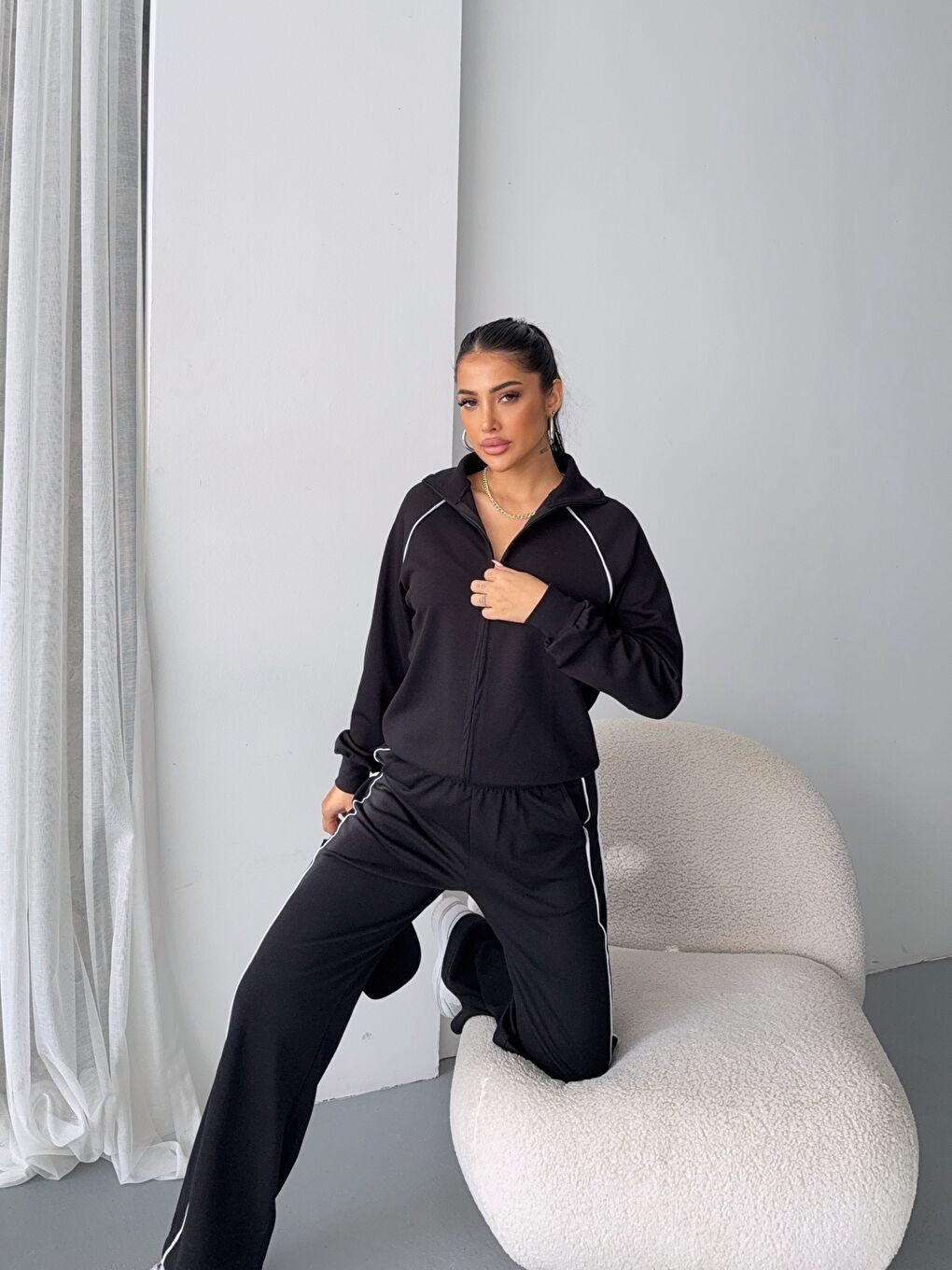 Modal Kumaş Şerit Detaylı Takım Siyah-3