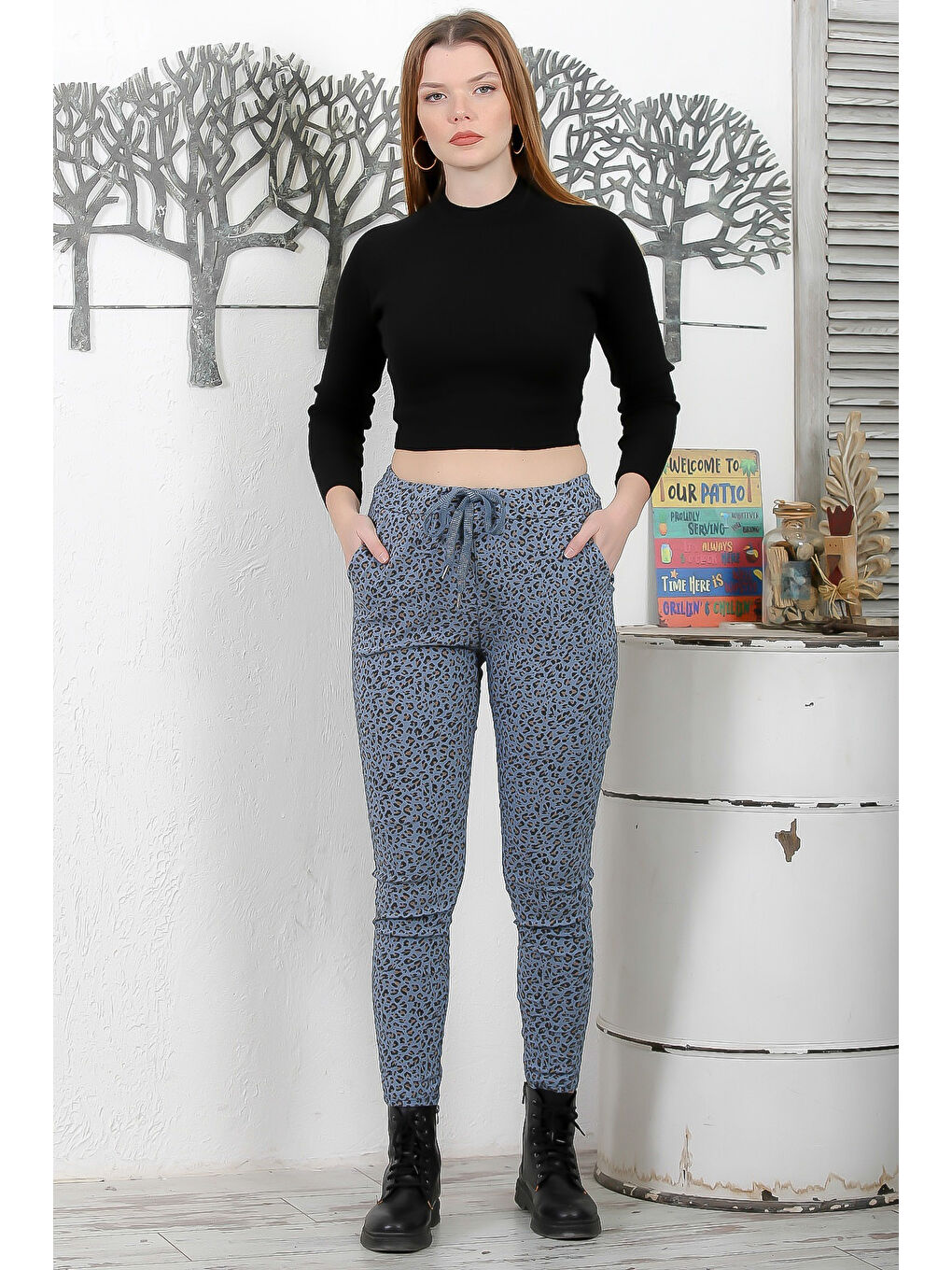 İtalyan Leopar Mavi Lastikli Ve Bağlamalı Bel Dar Paça Casual Dokuma Pantolon-4