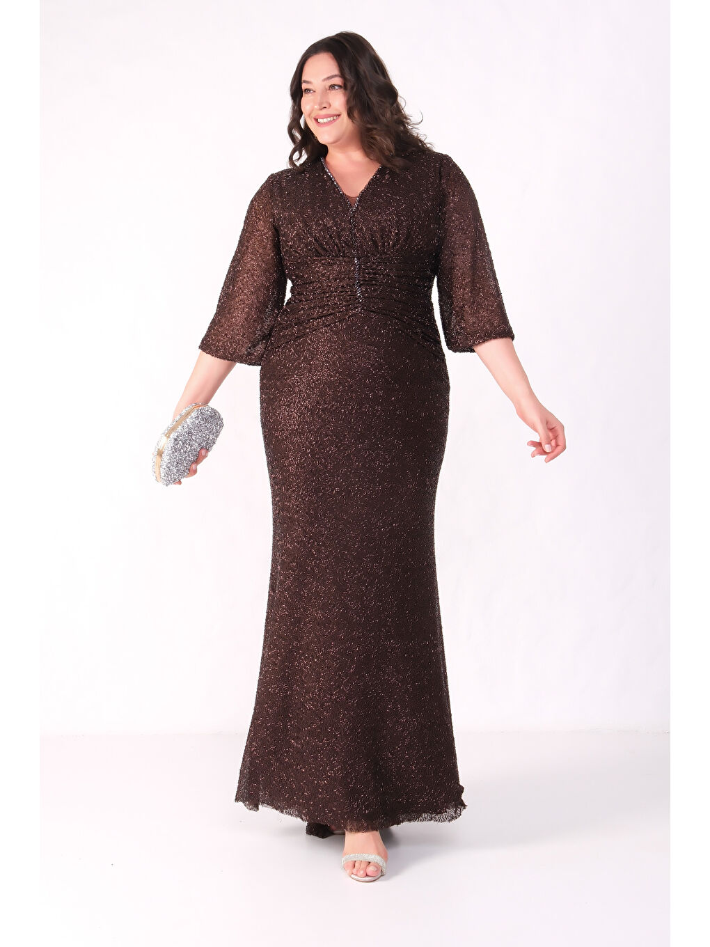 Kadın Kahverengi V Yaka Boncuklu Büyük Beden Abiye Elbise-1