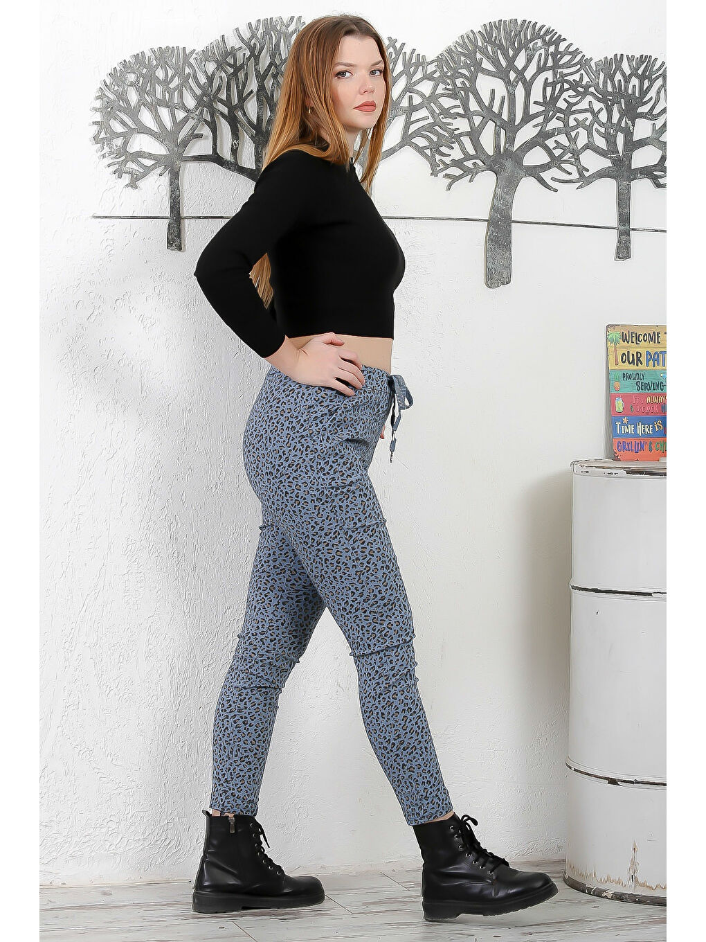 İtalyan Leopar Mavi Lastikli Ve Bağlamalı Bel Dar Paça Casual Dokuma Pantolon-5