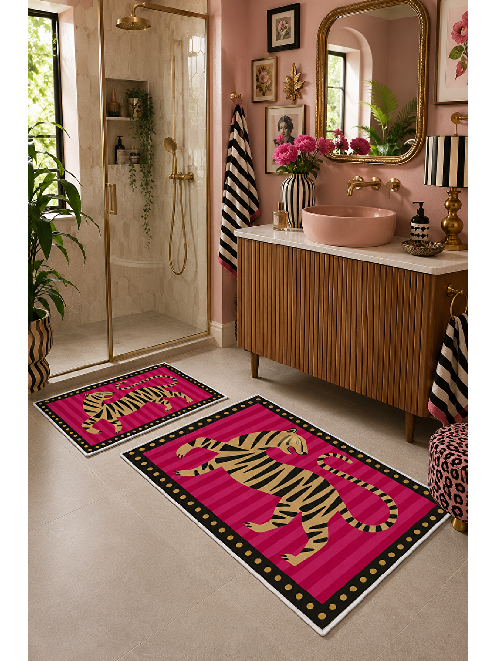 Fuşya Yeşil Kaplan Desenli Kaymaz Taban Banyo Paspası 2’li Set-7