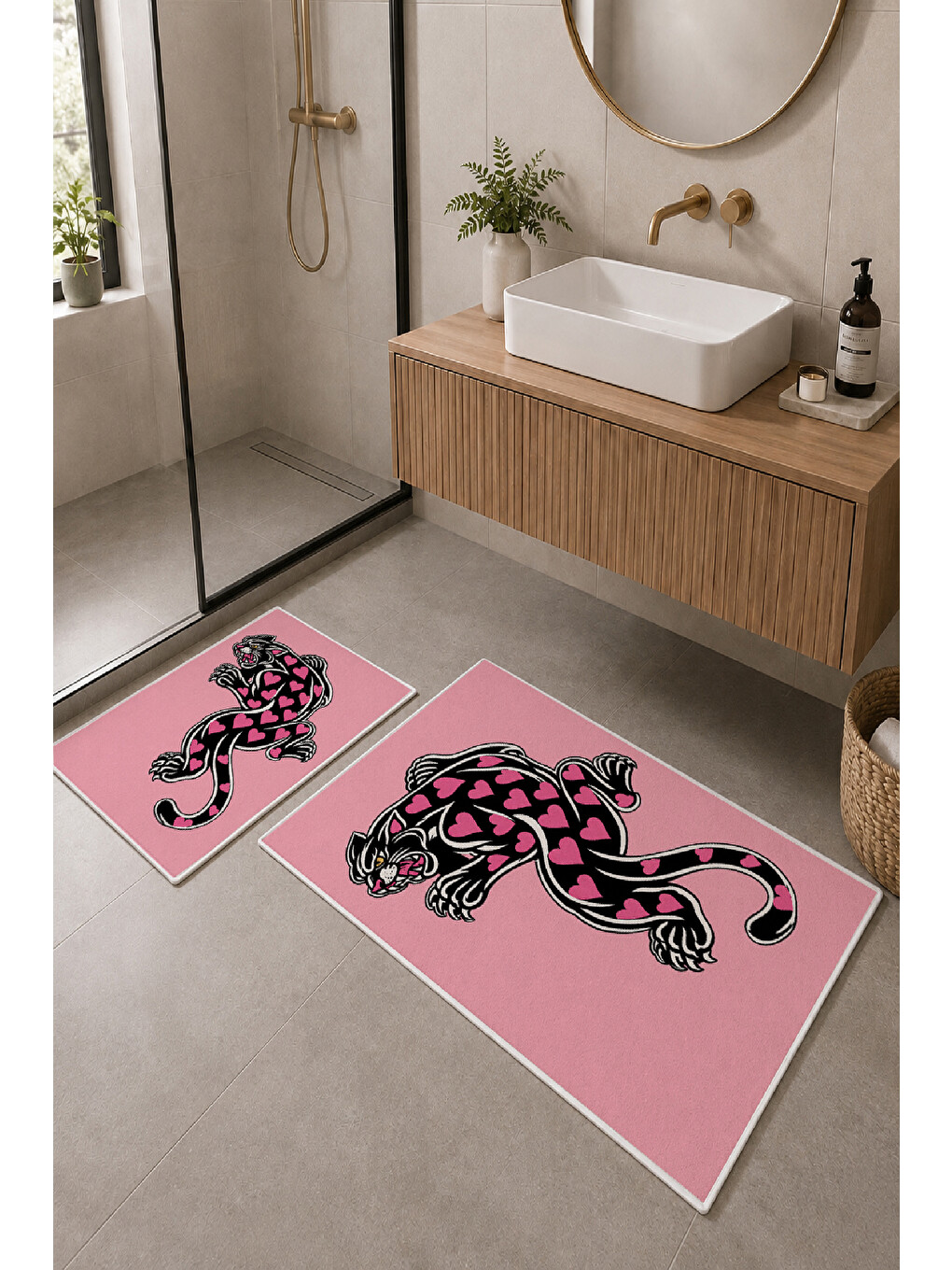 Pembe Leopar Desenli Kaymaz Taban Banyo Paspası 2’li Set-1