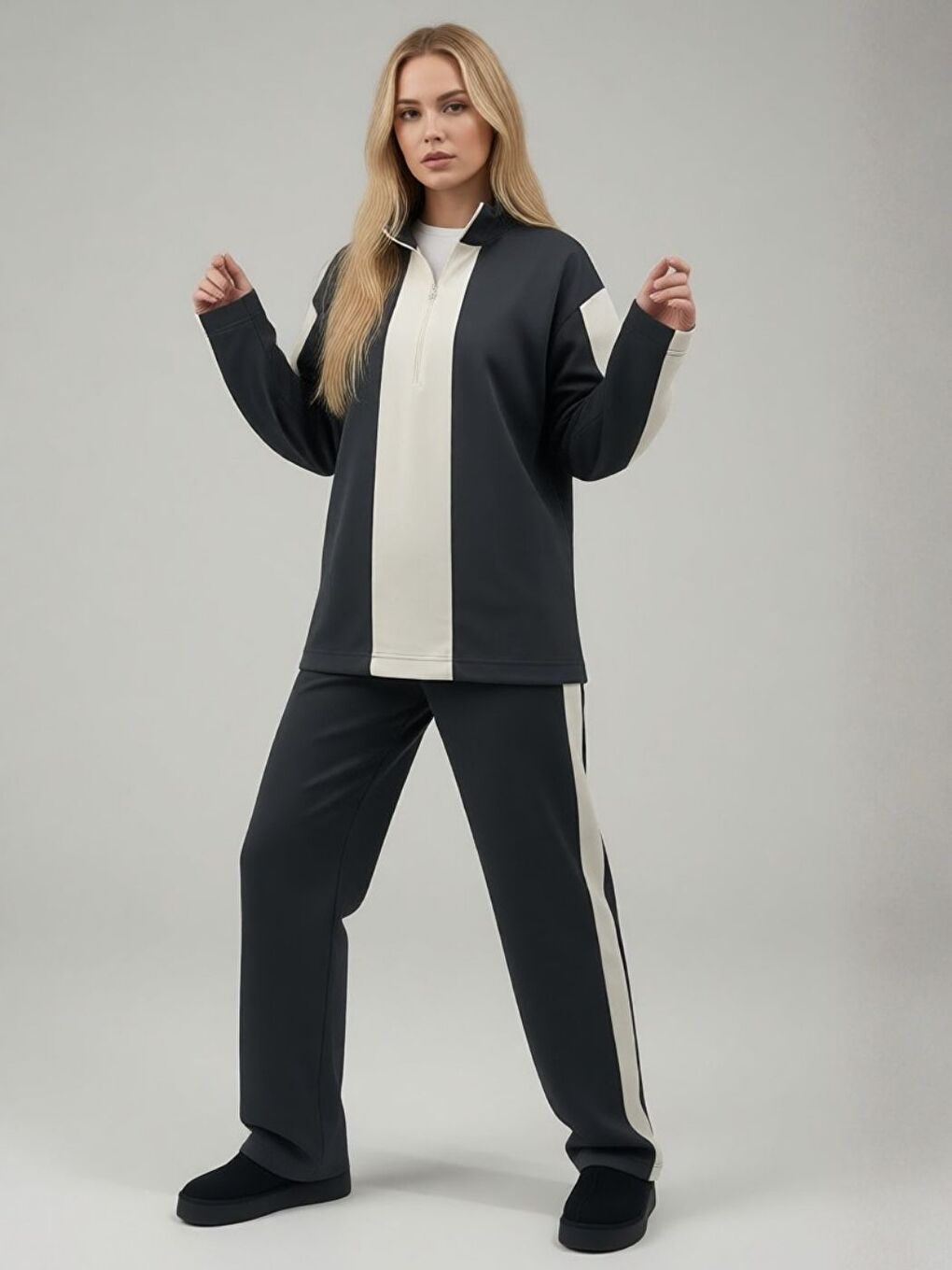 Gri Kadın Füme Yarım Fermuarlı Premium Kumaş Eşofman Takımı-1