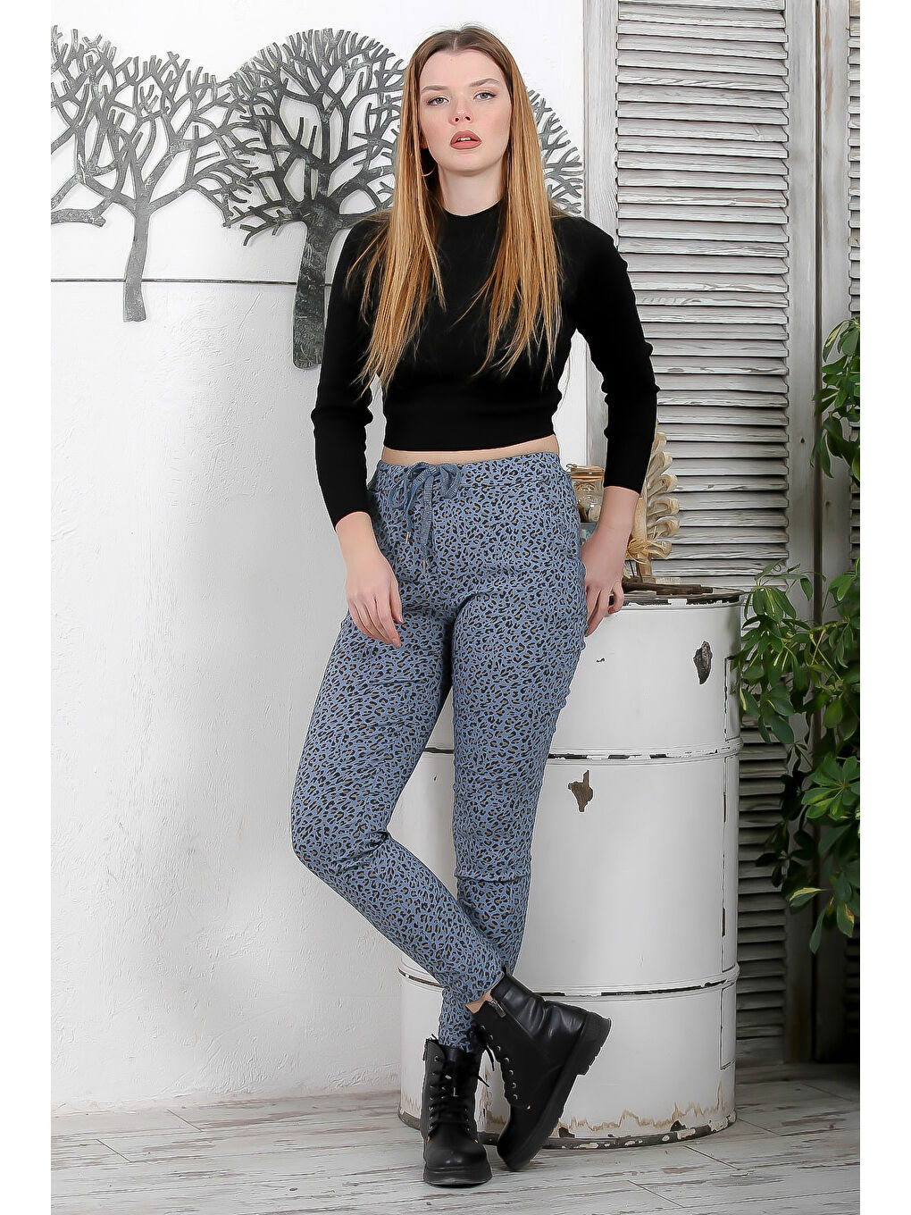 İtalyan Leopar Mavi Lastikli Ve Bağlamalı Bel Dar Paça Casual Dokuma Pantolon-6