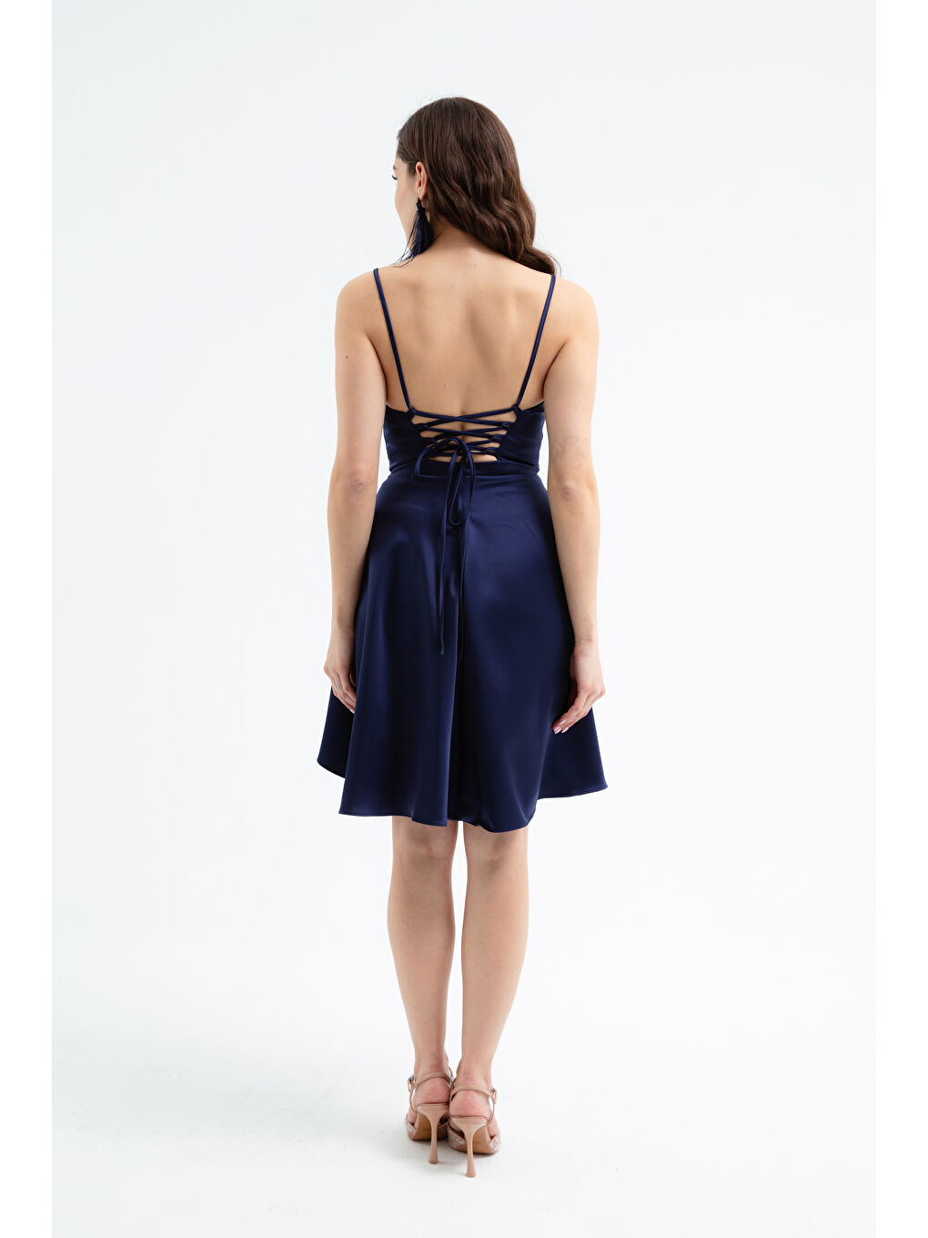 Kadın Lacivert Volanlı Yırtmaçlı Kısa Saten Abiye & Mezuniyet Elbisesi-4