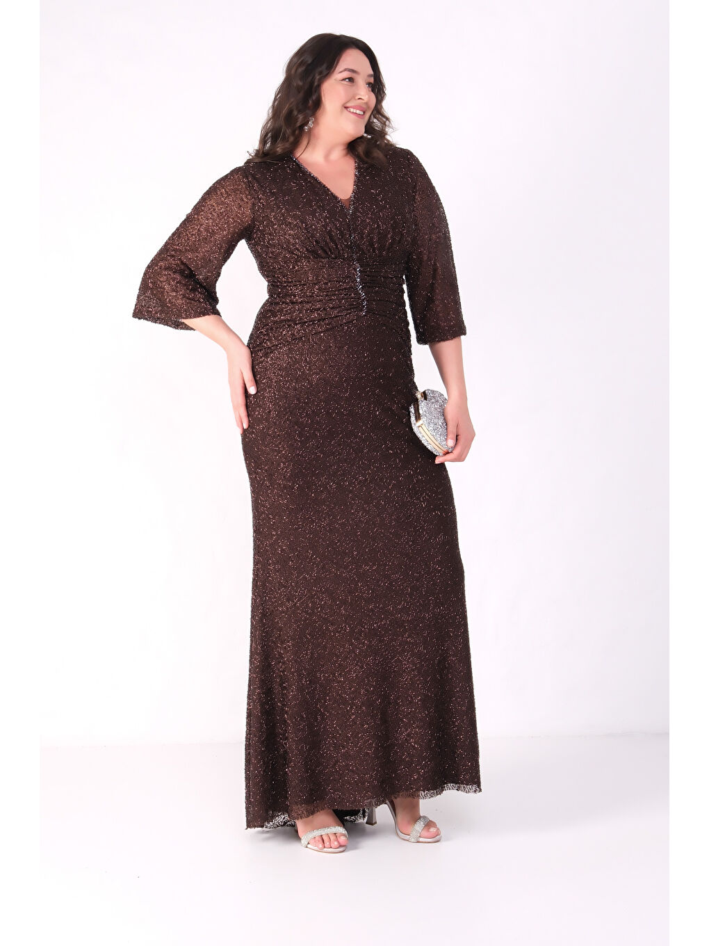Kadın Kahverengi V Yaka Boncuklu Büyük Beden Abiye Elbise-2