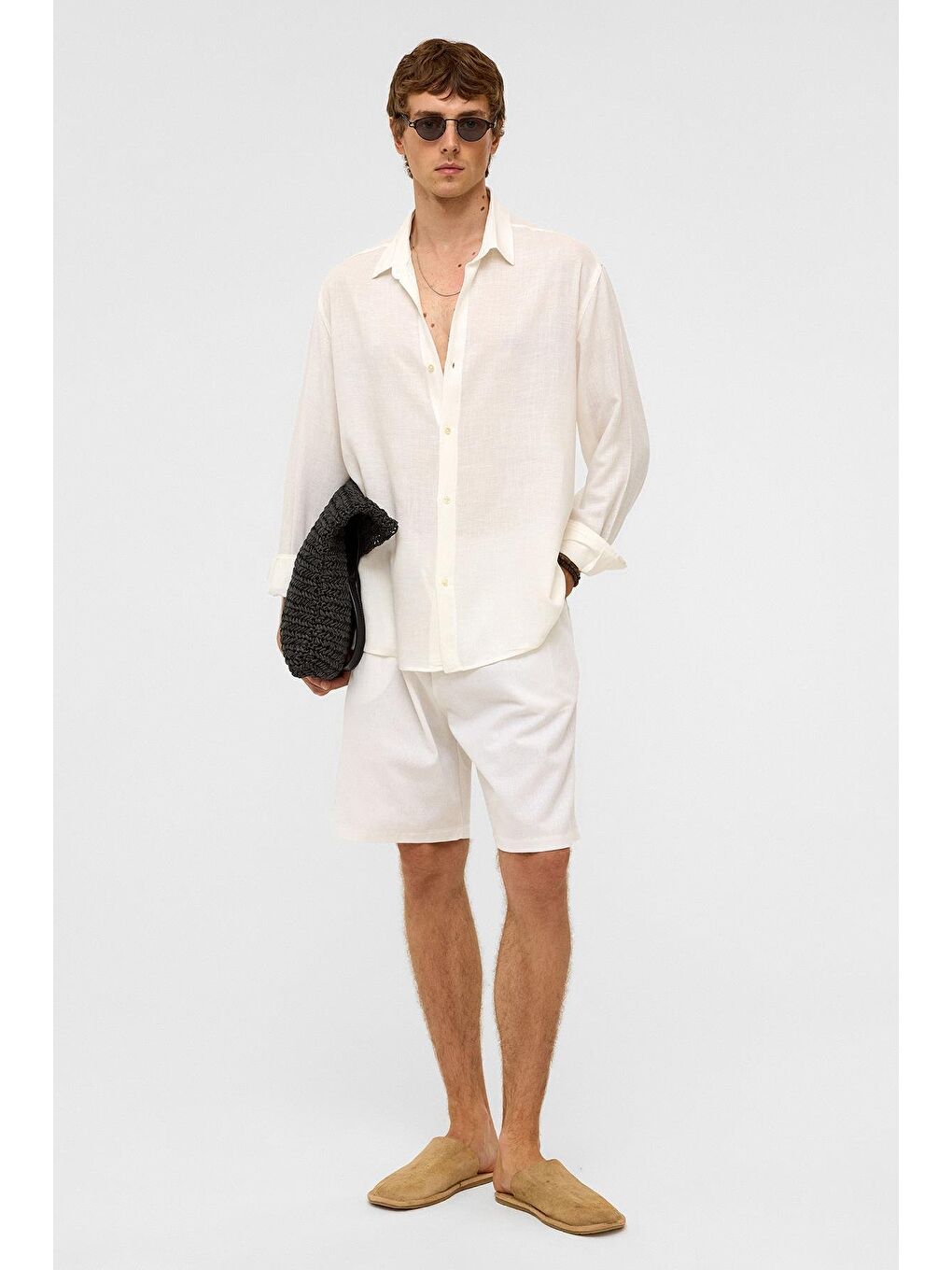 Oversize Uzun Kollu Keten Gömlek Beyaz