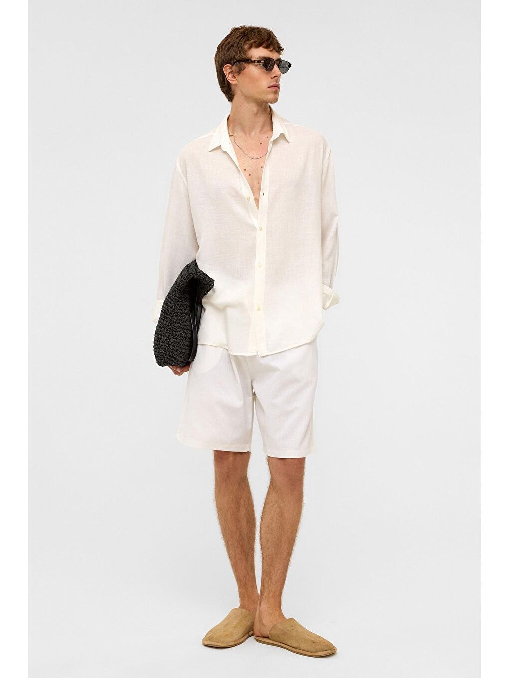 Oversize Uzun Kollu Keten Gömlek Beyaz-1