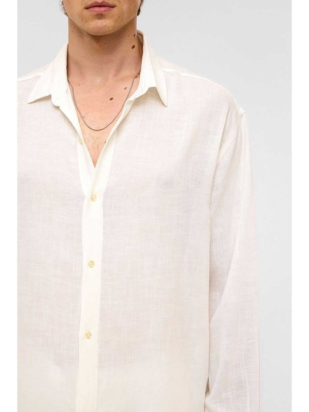 Oversize Uzun Kollu Keten Gömlek Beyaz-4