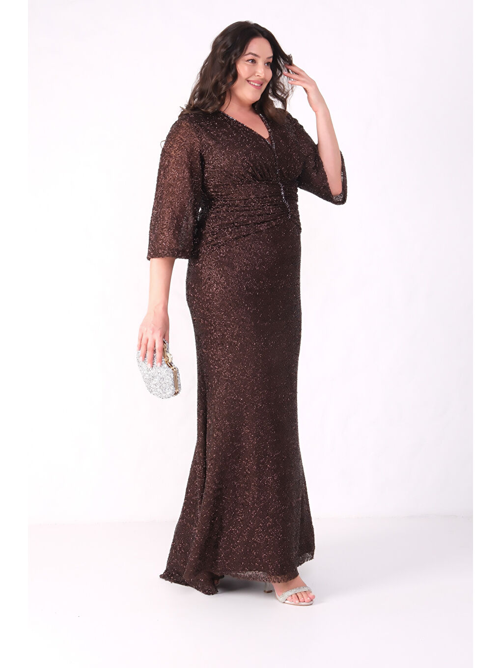 Kadın Kahverengi V Yaka Boncuklu Büyük Beden Abiye Elbise-4