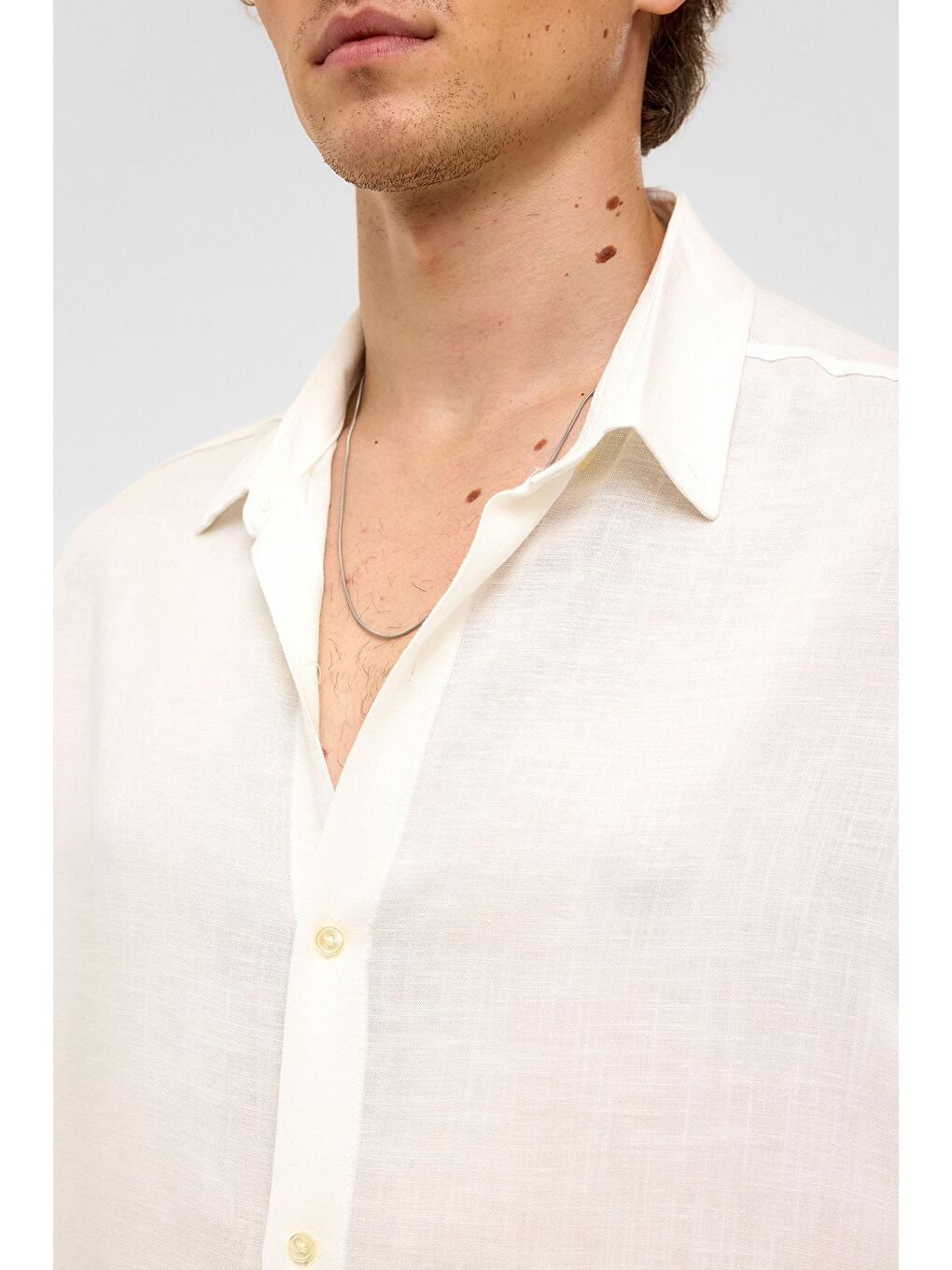 Oversize Uzun Kollu Keten Gömlek Beyaz-5