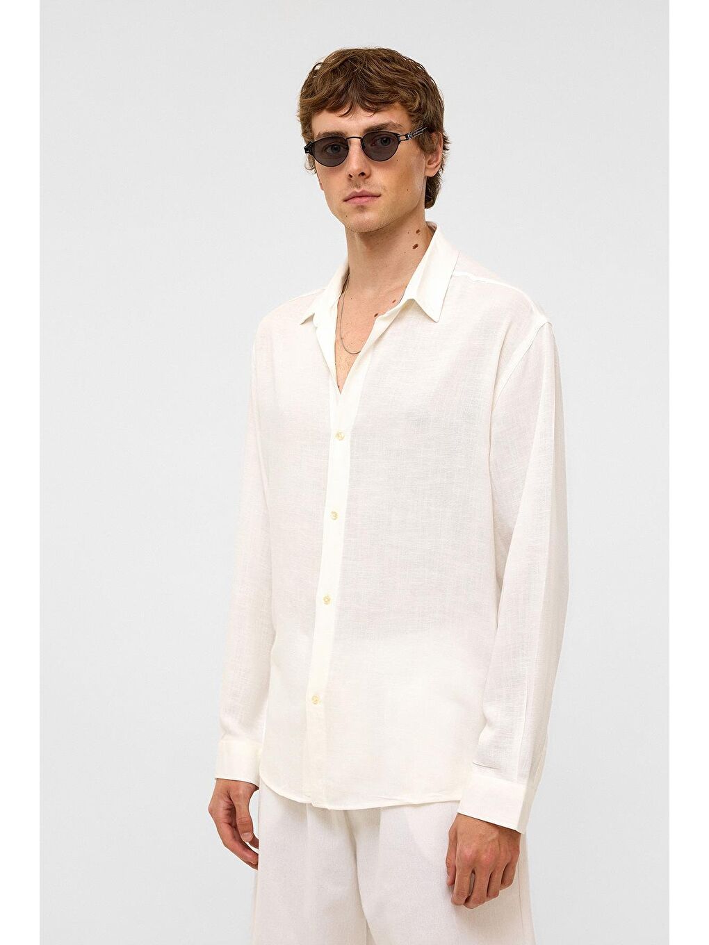 Oversize Uzun Kollu Keten Gömlek Beyaz-6