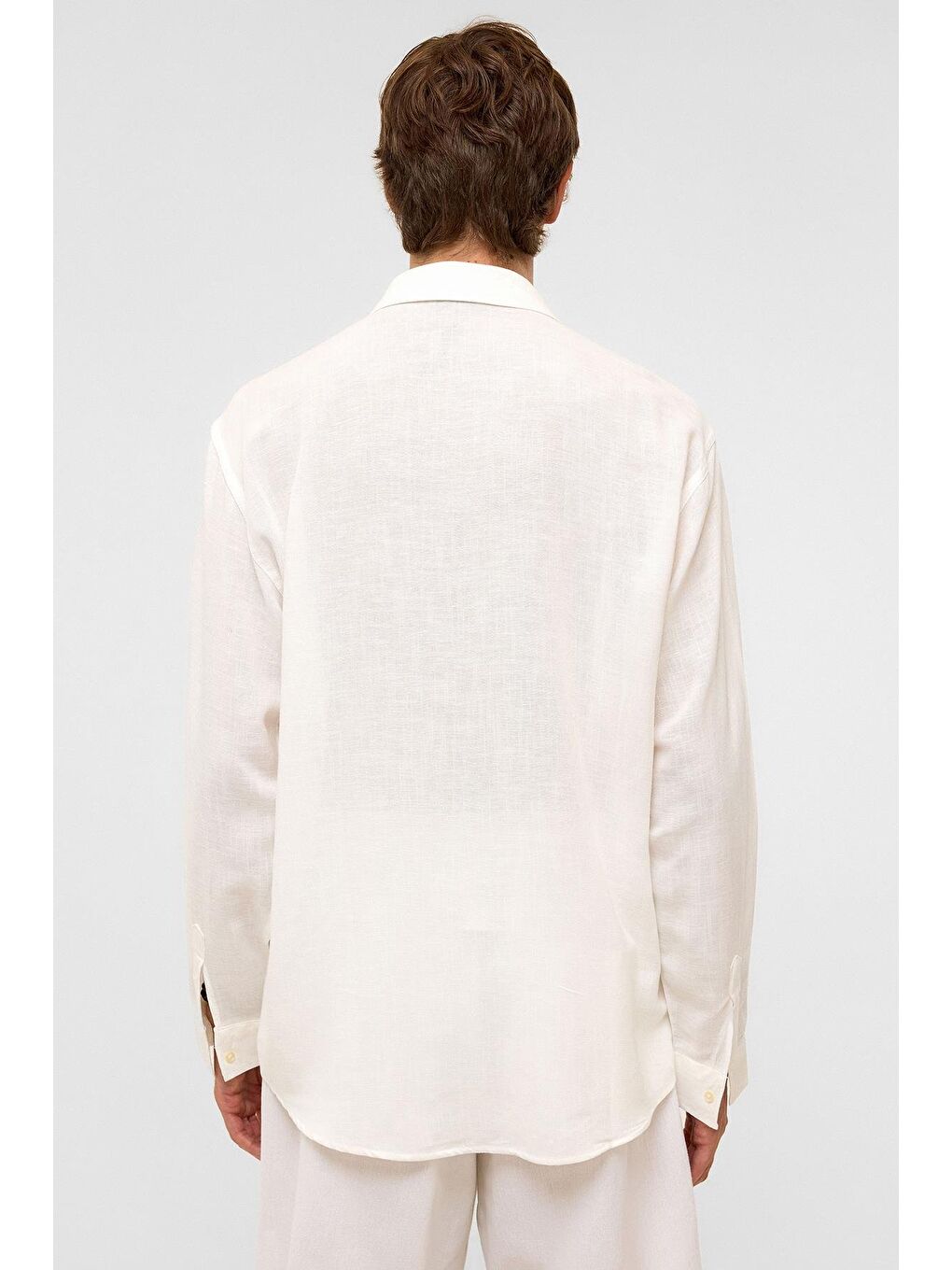 Oversize Uzun Kollu Keten Gömlek Beyaz-7