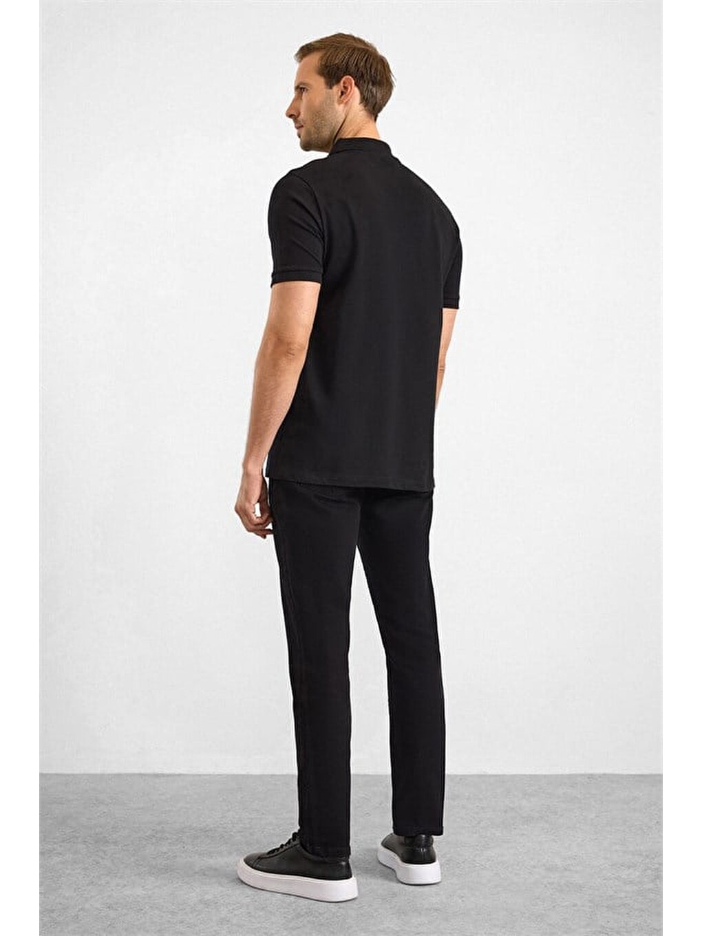 Siyah Slim Düz Nakışlı Pike Düğmeli Polo Yaka Tişört-4
