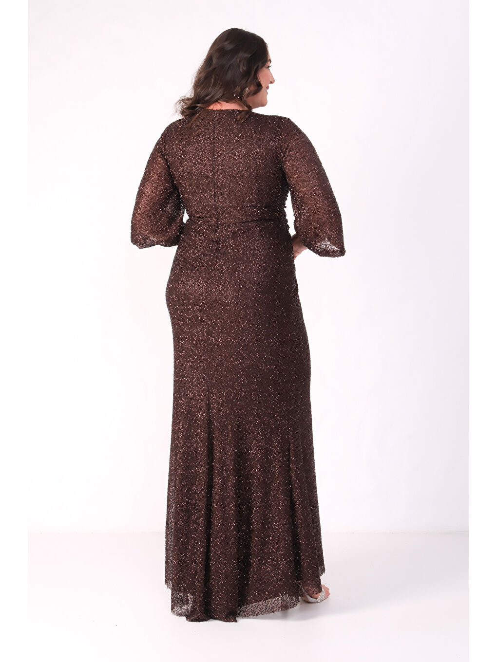 Kadın Kahverengi V Yaka Boncuklu Büyük Beden Abiye Elbise-5