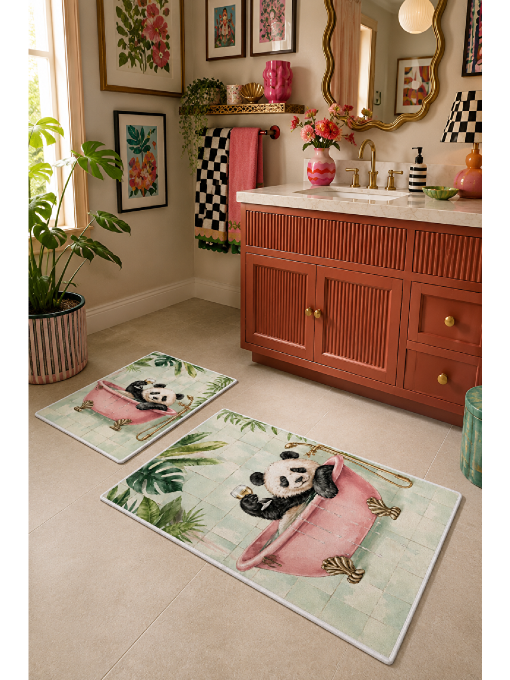 Beyaz Açık Yeşil Panda Desenli Kaymaz Taban Banyo Paspası 2’li Set-4