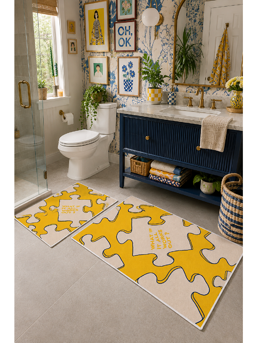 Sarı Beyaz What If It All Works Out Yazılı Banyo Paspası 2’li Set-6