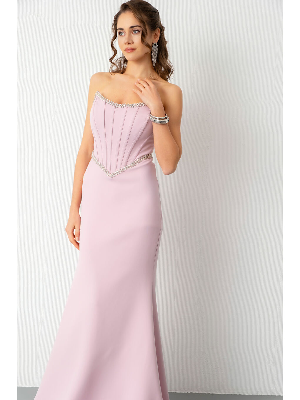 Pembe Kadın Pudra Straplez Taşlı Peplum Kesim Söz Nişan Nikah Abiye Elbise-2