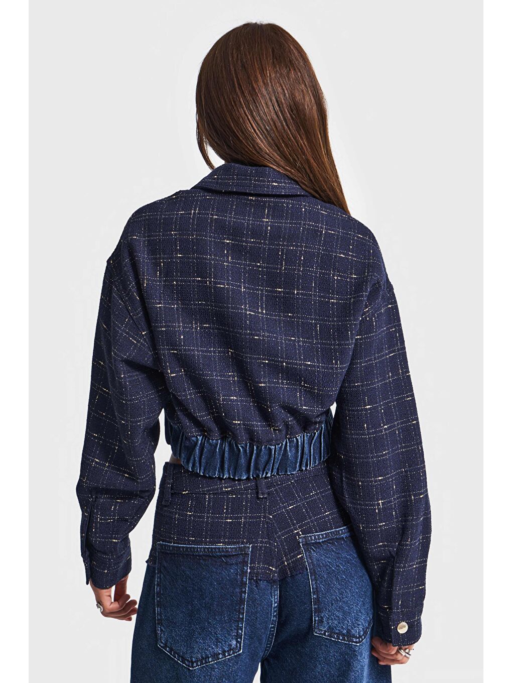 Beyaz Kadın Koyu Jean Rengi T 2w5-7 Dokuma Denim Kumaş Karışımlı Önü Düğmeli Özel Tasarım Bomber Ceket-2