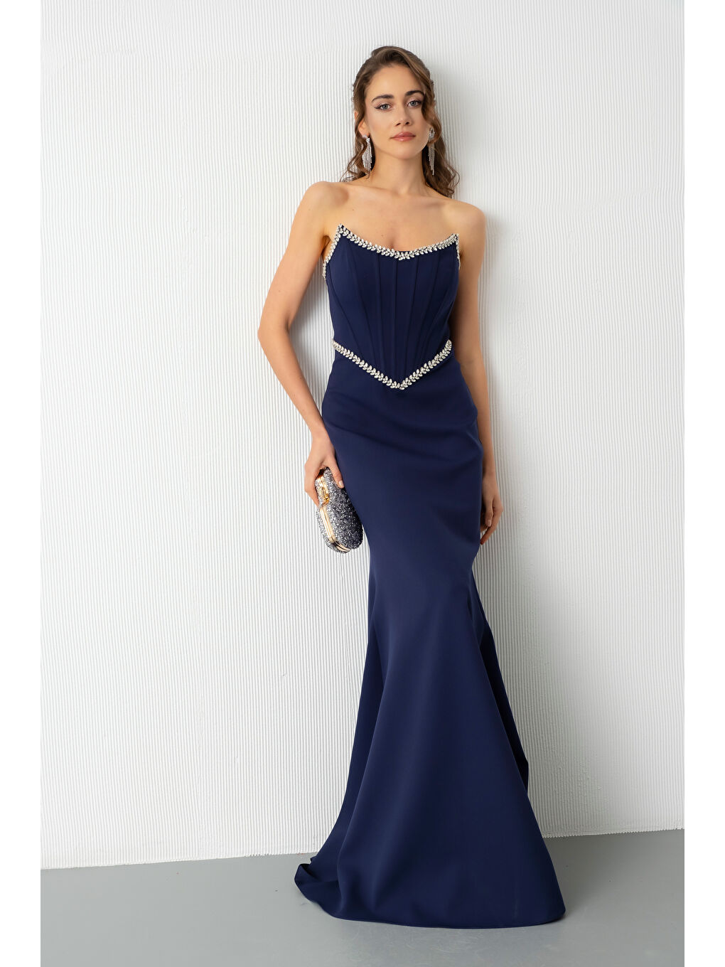 Kadın Lacivert Straplez Taşlı Peplum Kesim Söz Nişan Nikah Abiye Elbise