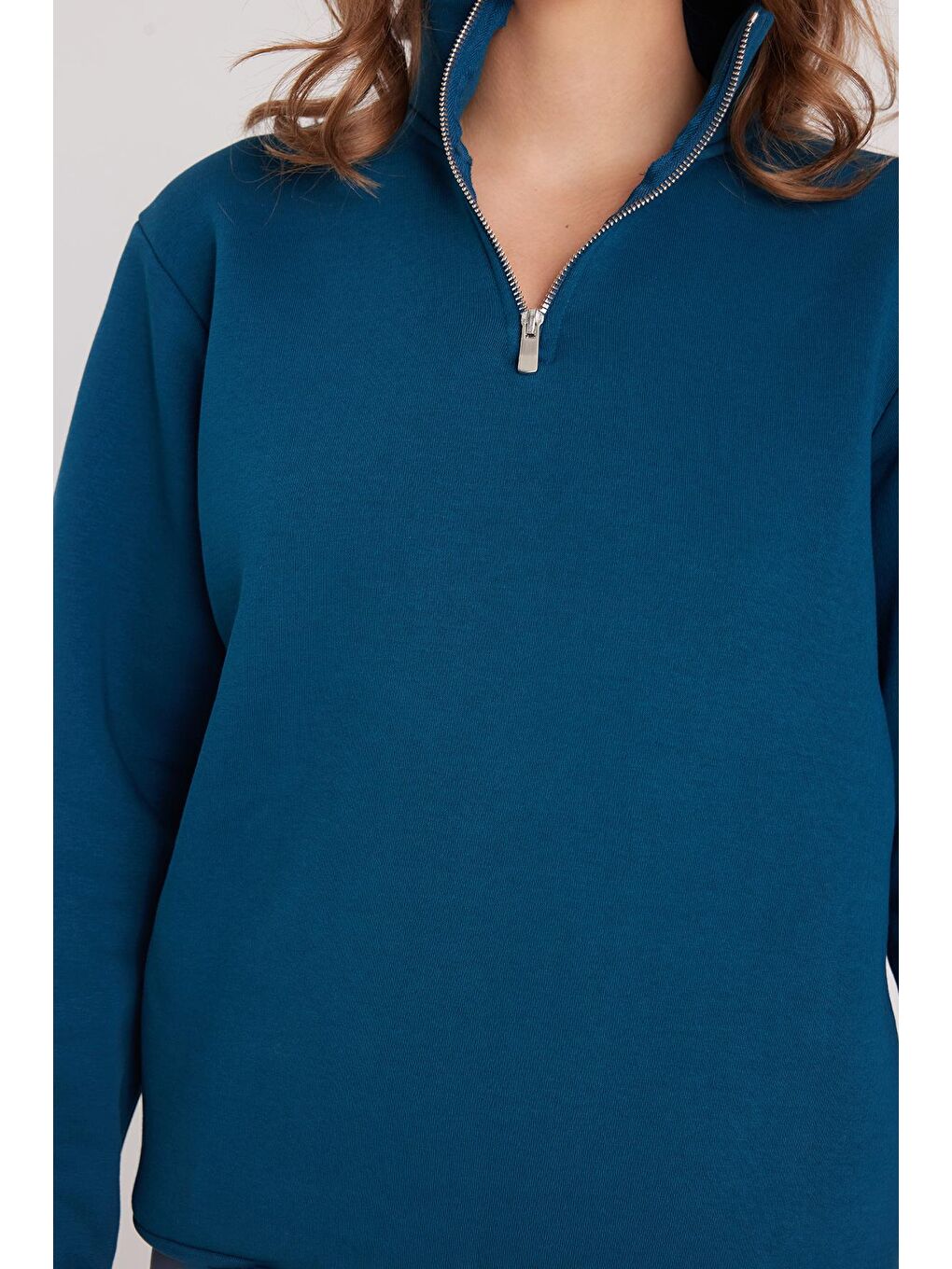 Kadın Relax Fit Rahat Kesim Pamuklu İçi Polarlı Yarım Fermuarlı İndigo Dik Yaka Sweatshirt-2