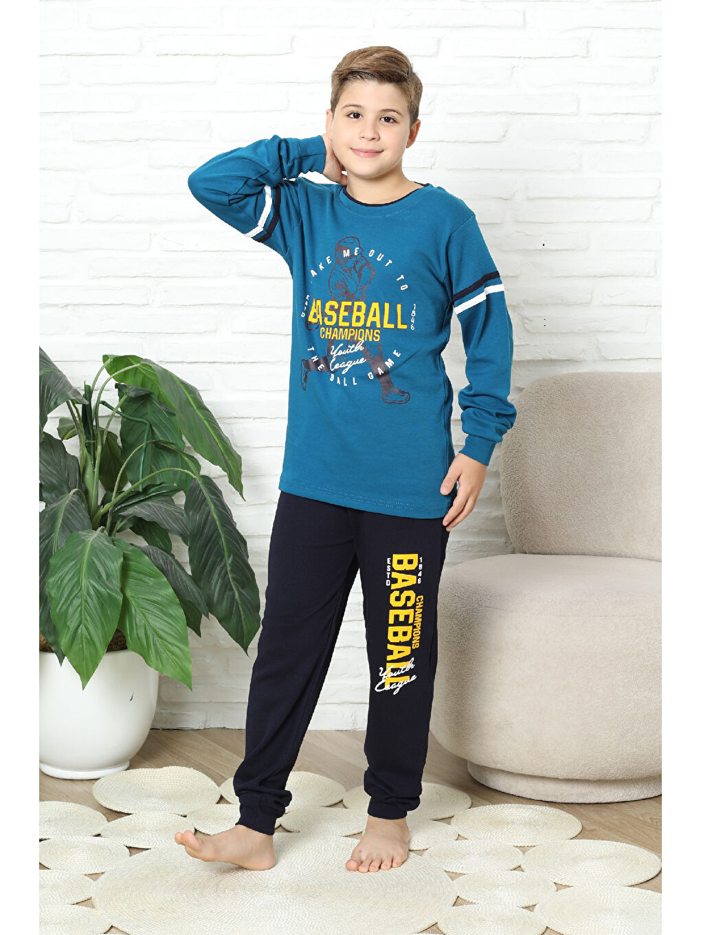 Petrol Erkek Çocuk Pijama Takımı %100 Pamuk İnterlok Kumaş 12447-2