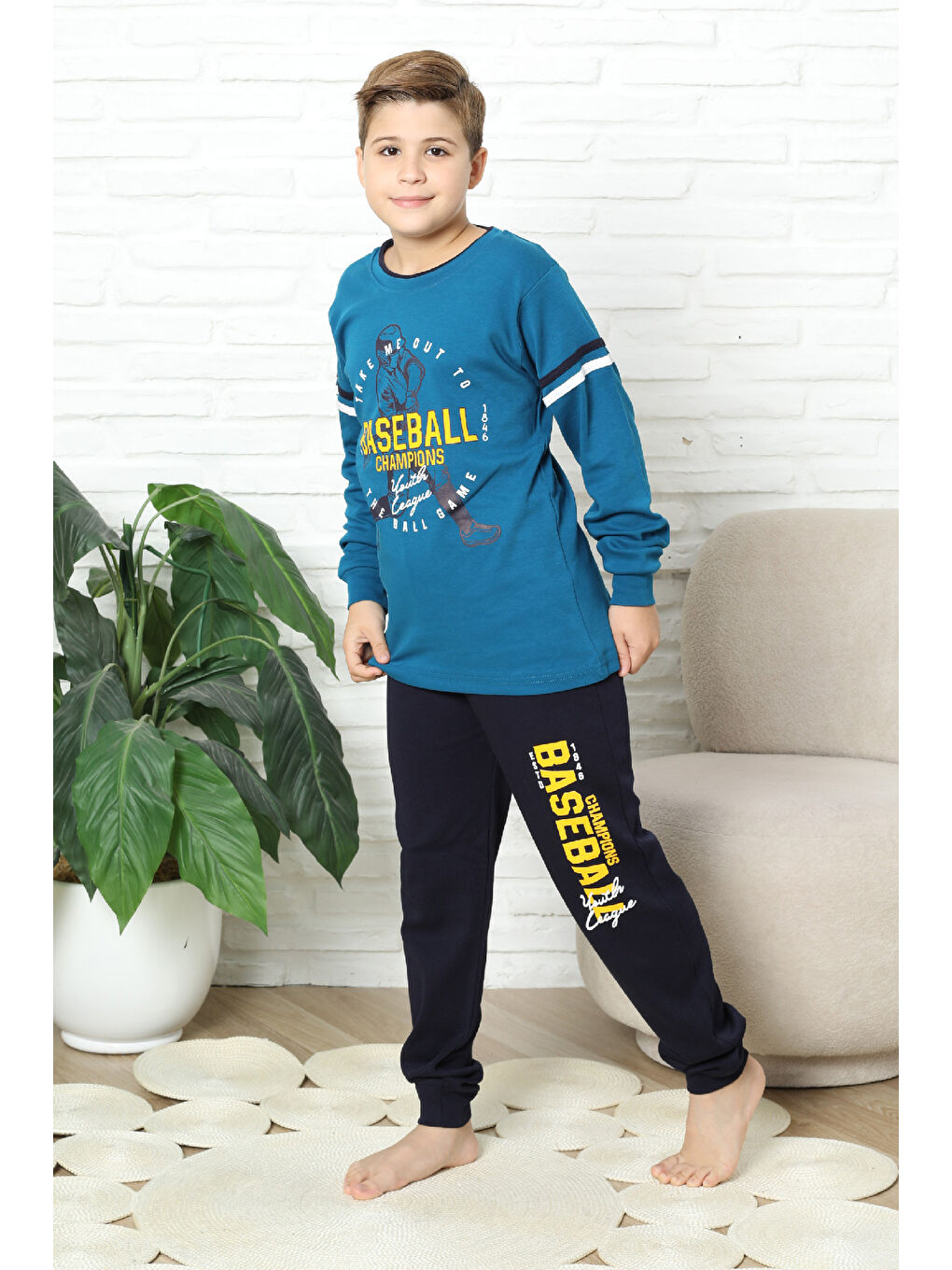 Petrol Erkek Çocuk Pijama Takımı %100 Pamuk İnterlok Kumaş 12447-3
