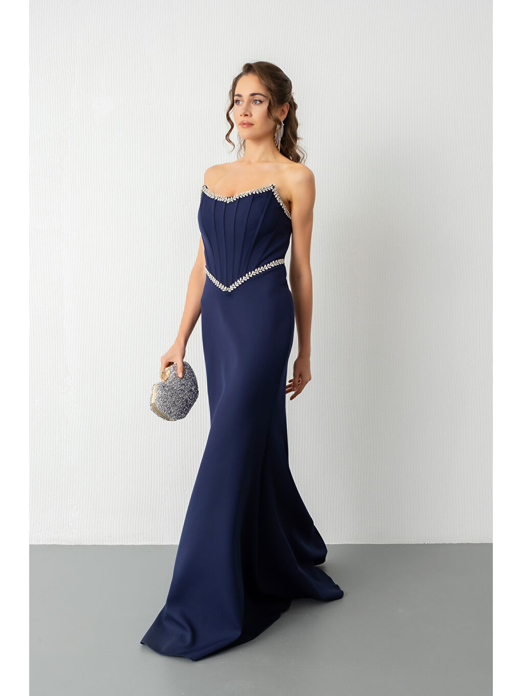 Kadın Lacivert Straplez Taşlı Peplum Kesim Söz Nişan Nikah Abiye Elbise-1