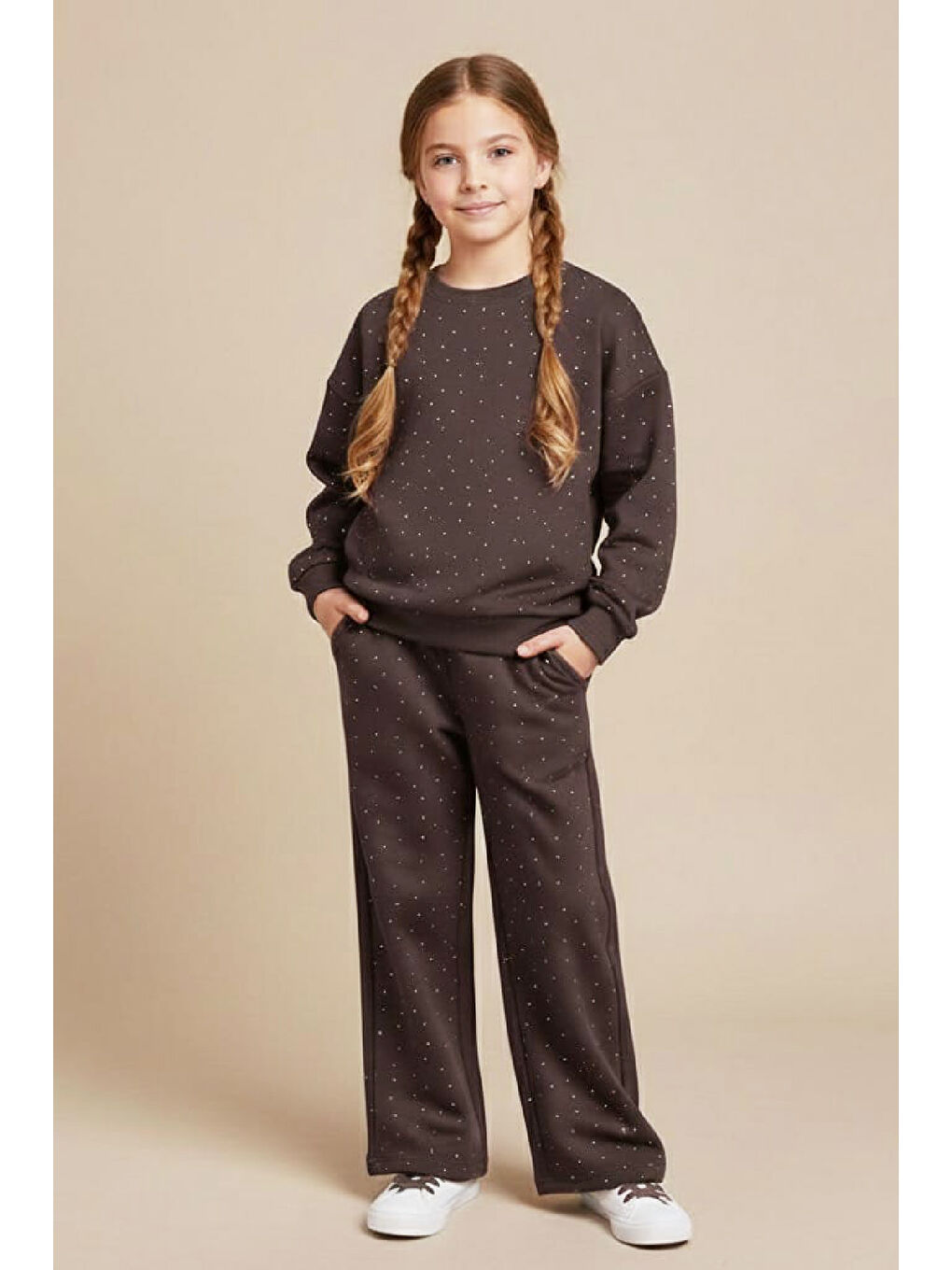 Kahverengi Kız Çocuk Taş Süslemeli-2 İplik- Alt-Üst Takım-3/5 Yaş 12451-1