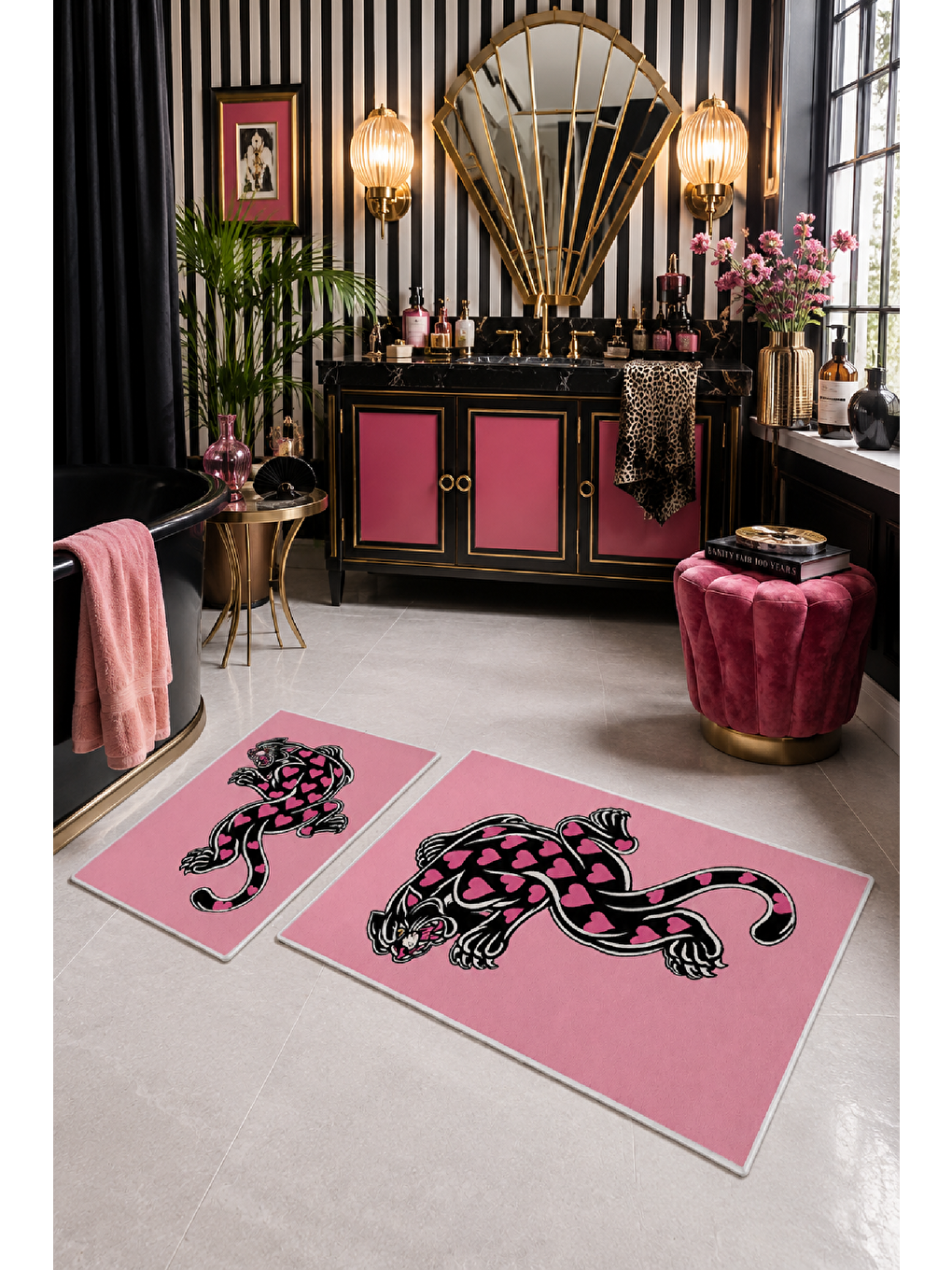 Pembe Leopar Desenli Kaymaz Taban Banyo Paspası 2’li Set-2