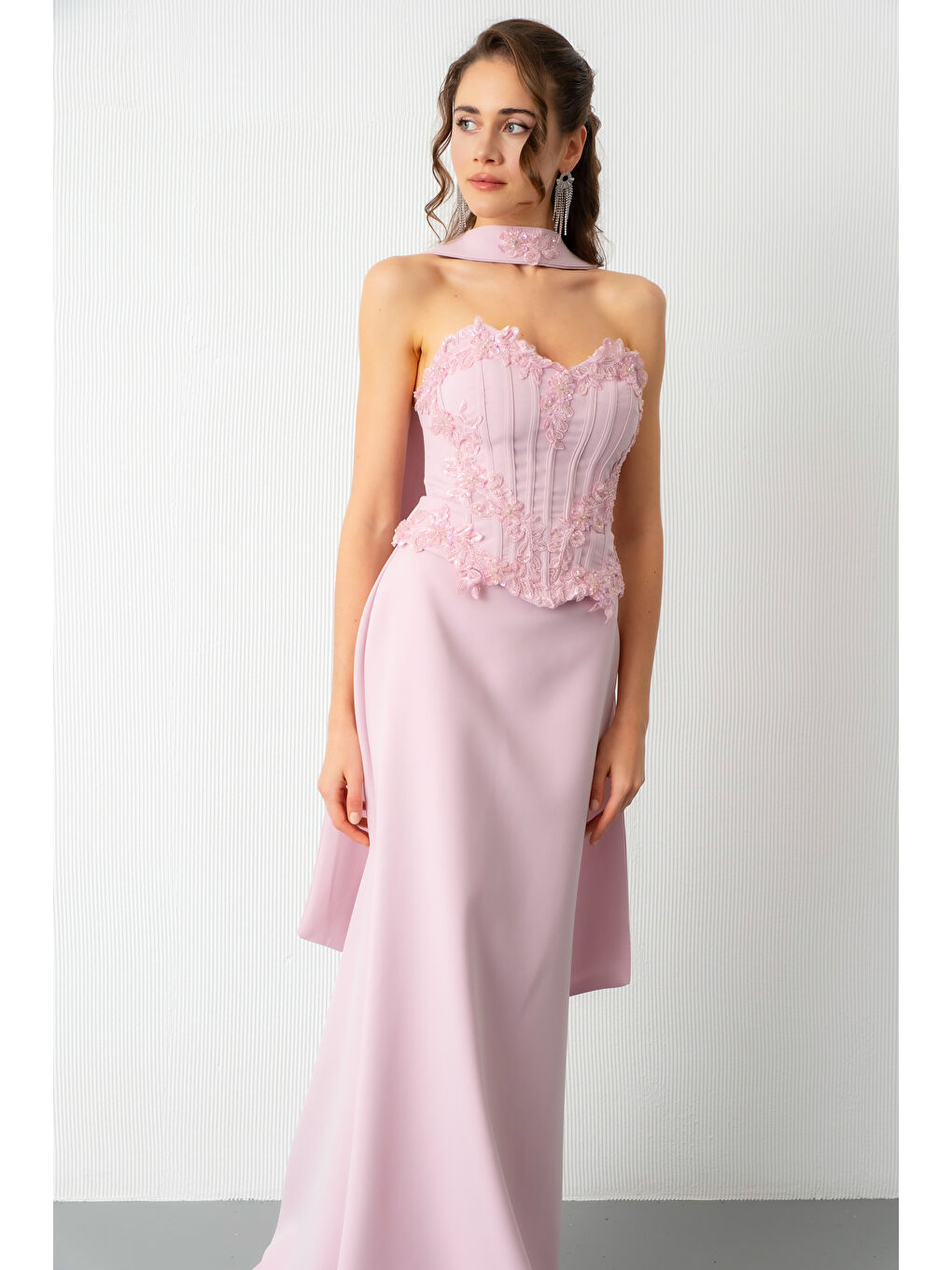 Pembe Kadın Pudra Güpür Aplikeli Balen Korse Detay Uzun Söz Nişan Abiye Elbise-2