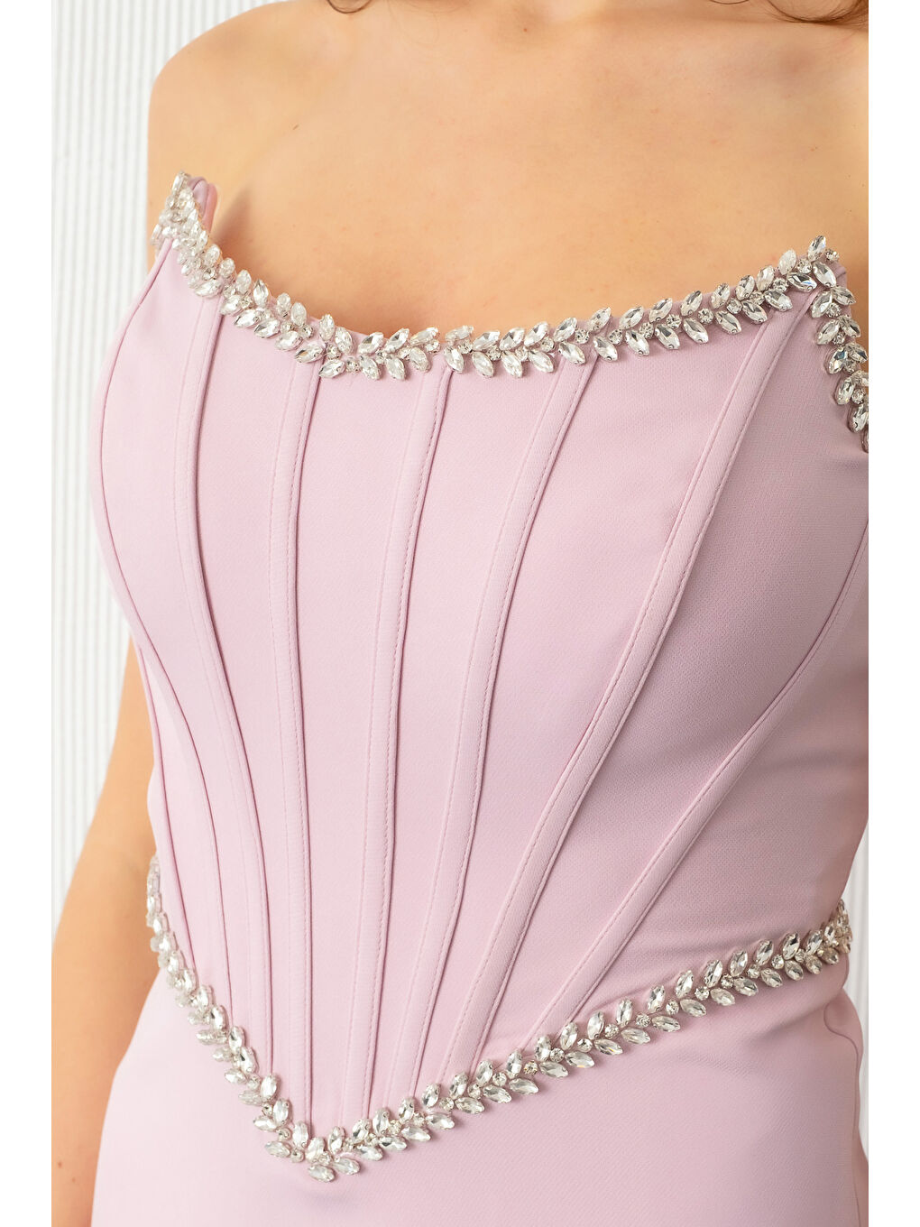 Pembe Kadın Pudra Straplez Taşlı Peplum Kesim Söz Nişan Nikah Abiye Elbise-3