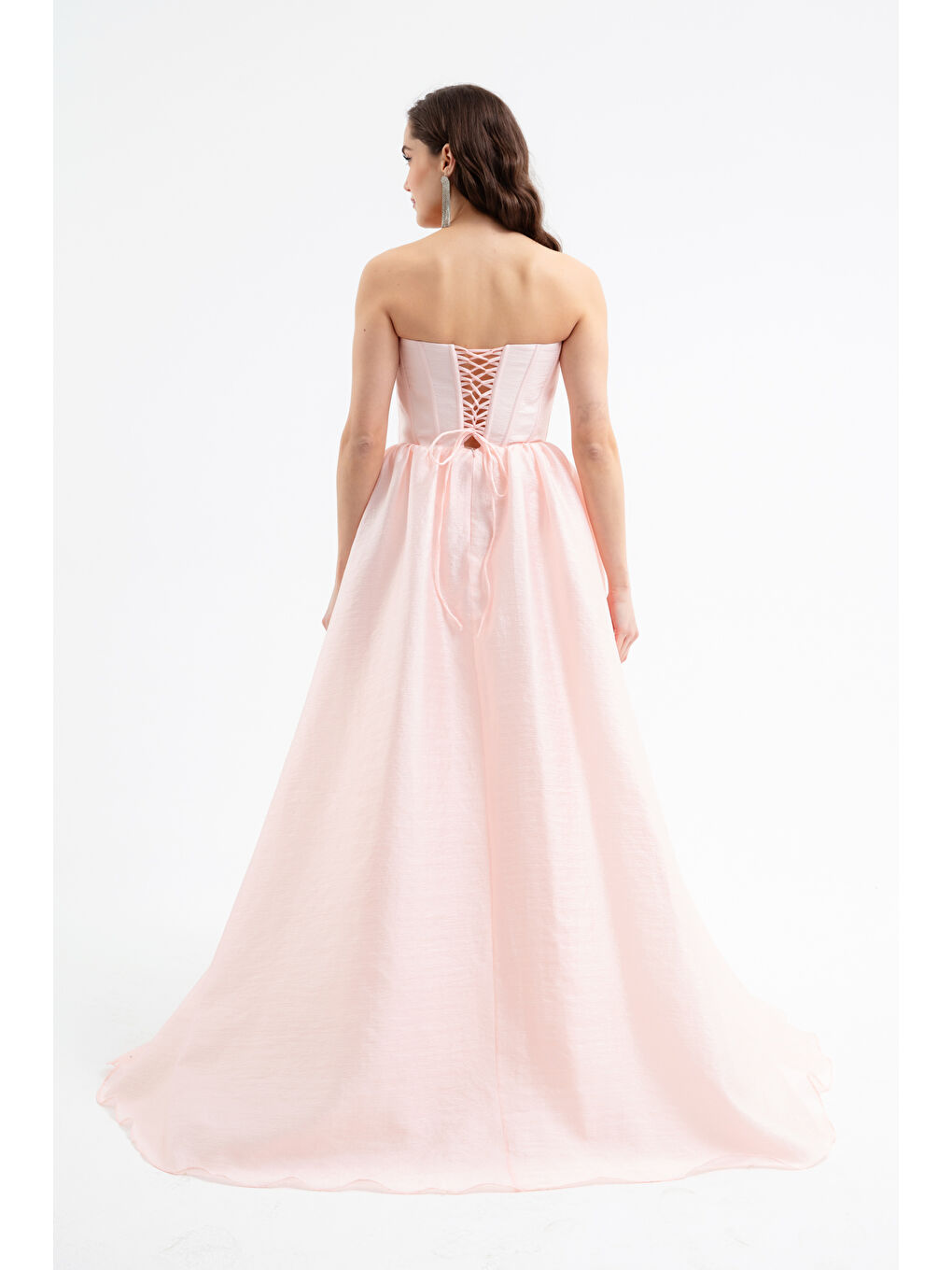 Pembe Kadın Pudra Yakası Gül Detaylı Yırtmaçlı Uzun Abiye Elbise-1