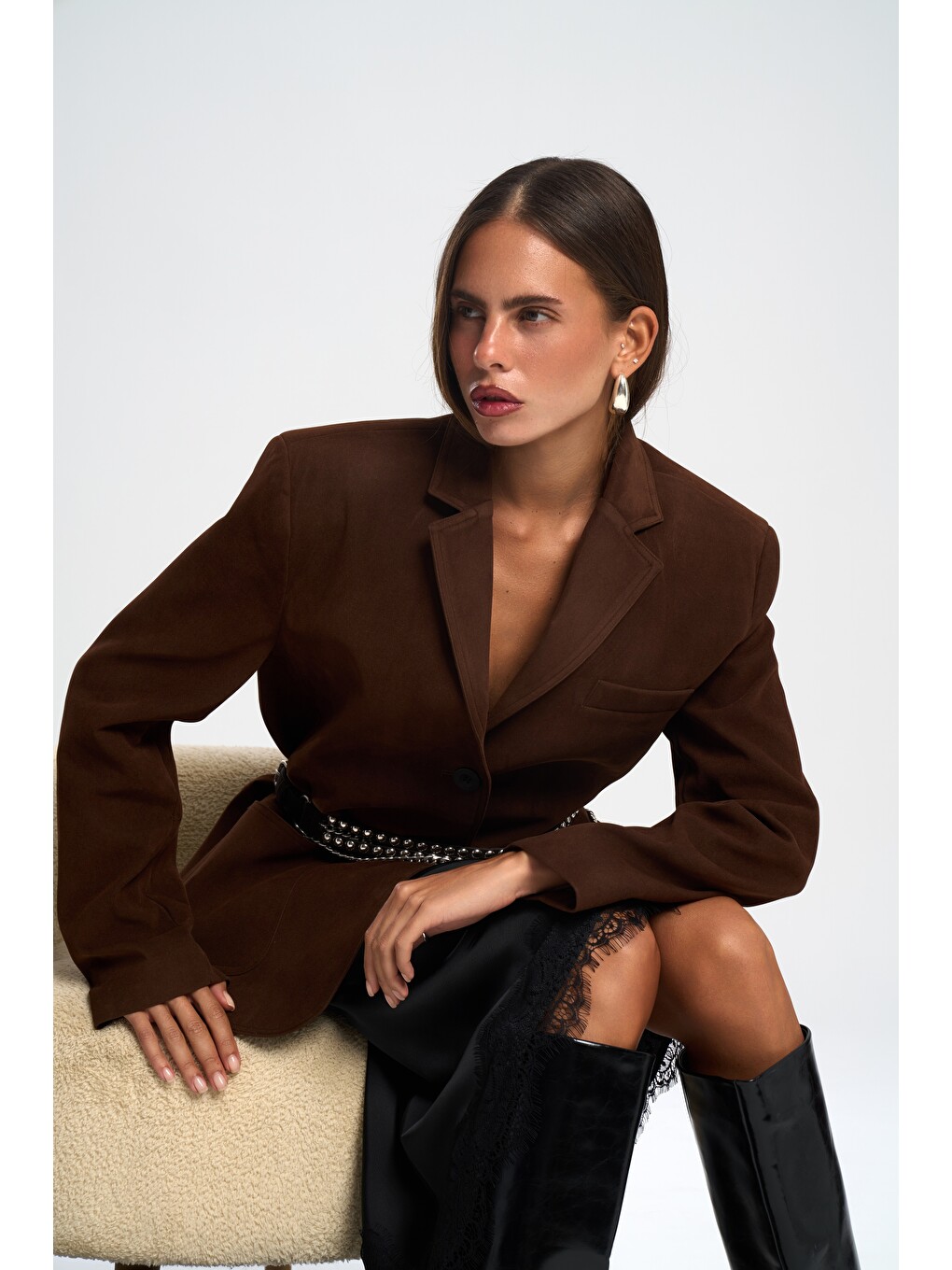 Kahverengi Orsina Yırtmaç Detaylı Kahve Blazer