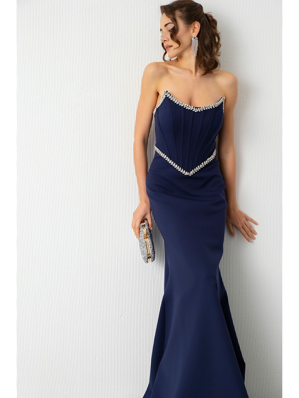 Kadın Lacivert Straplez Taşlı Peplum Kesim Söz Nişan Nikah Abiye Elbise-2