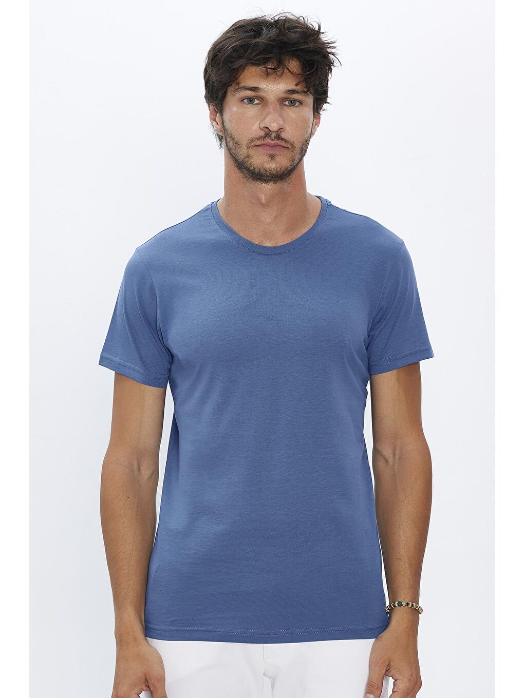 Unisex 5'Li Paket Siyah-Beyaz-Taş-Kırmızı-Mavi Slim Fit Dar Kesim %100 Pamuk Bisiklet Yaka Tişört-3