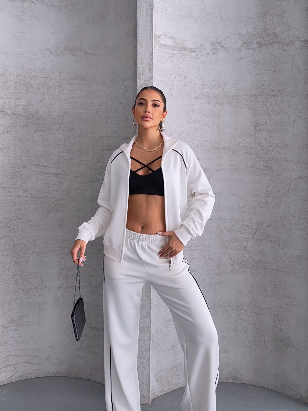 Modal Kumaş Şerit Detaylı Takım Beyaz-4