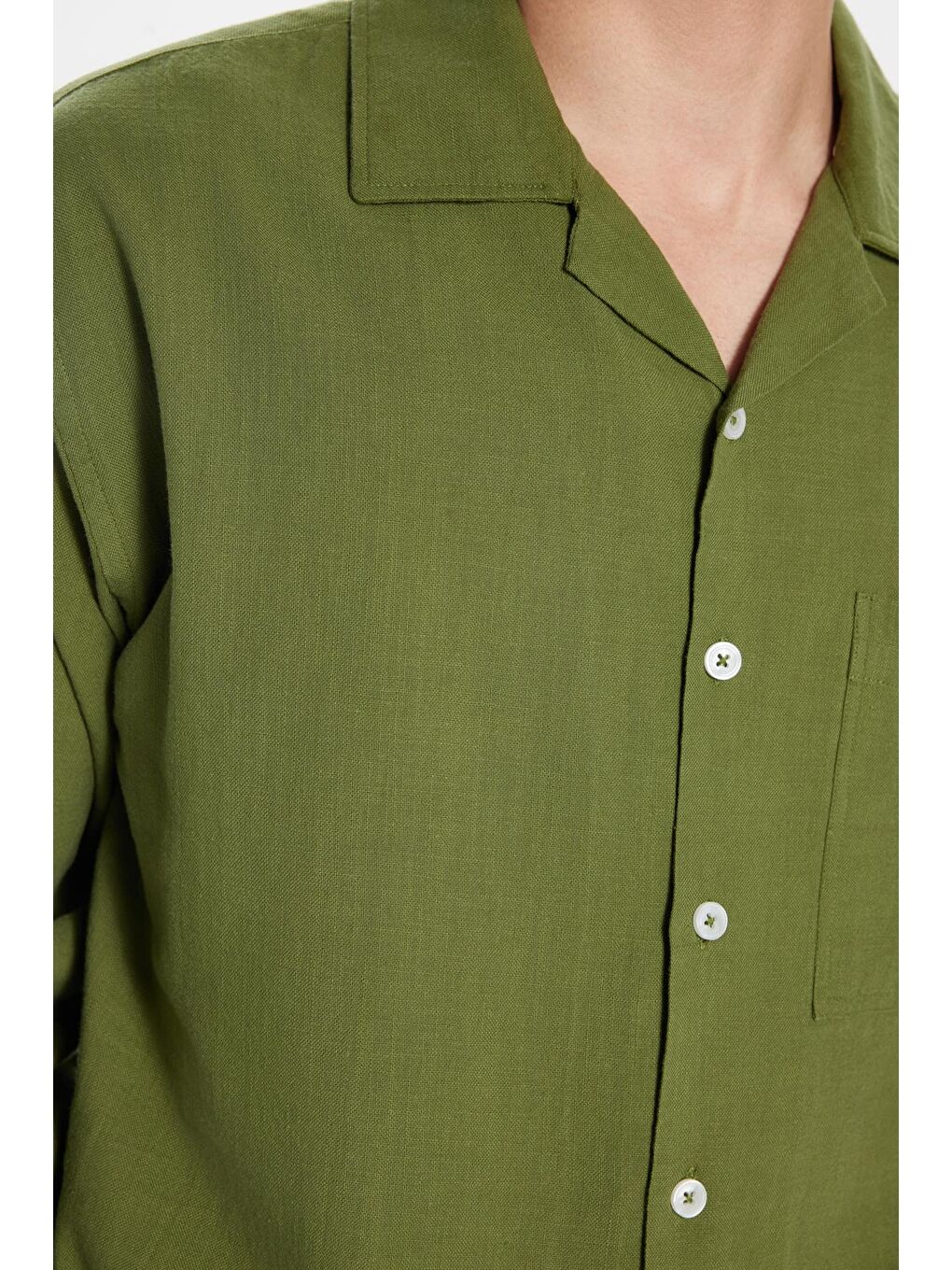 Erkek Relax Fit Rahat Kesim %100 Pamuk Keten Doku Apaş Yaka Haki Gömlek-3