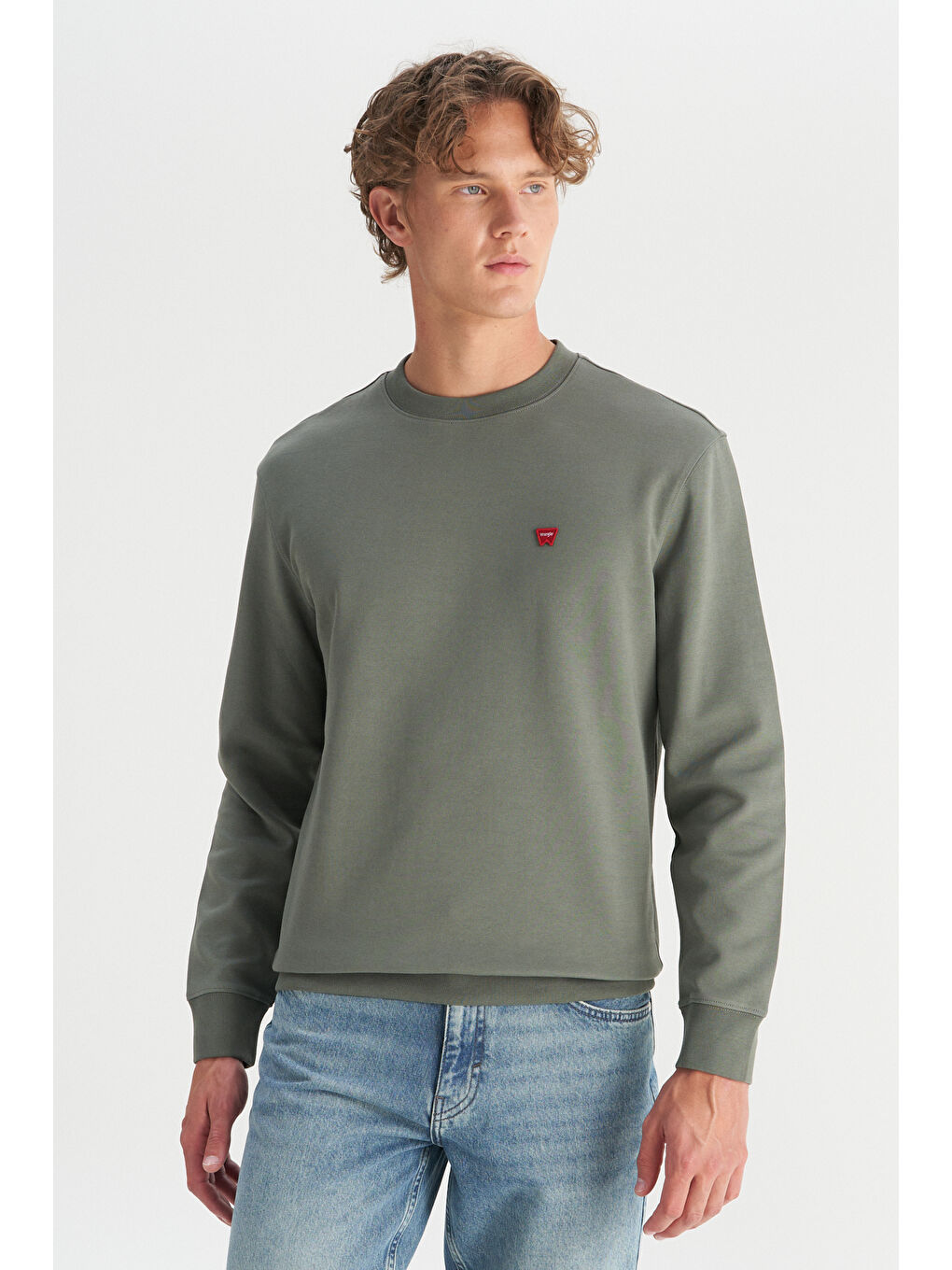 Haki Pamuklu Regular Fit Normal Kesim Bisiklet Yaka Logo Detaylı Sweatshirt