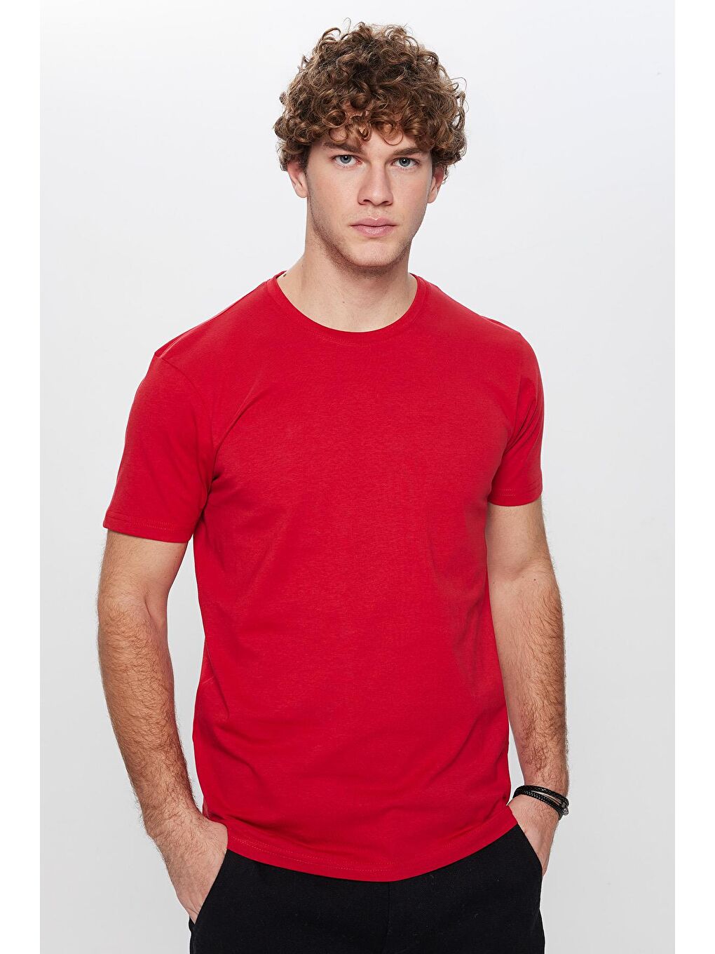 Unisex 5'Li Paket Siyah-Beyaz-Taş-Kırmızı-Mavi Slim Fit Dar Kesim %100 Pamuk Bisiklet Yaka Tişört-4