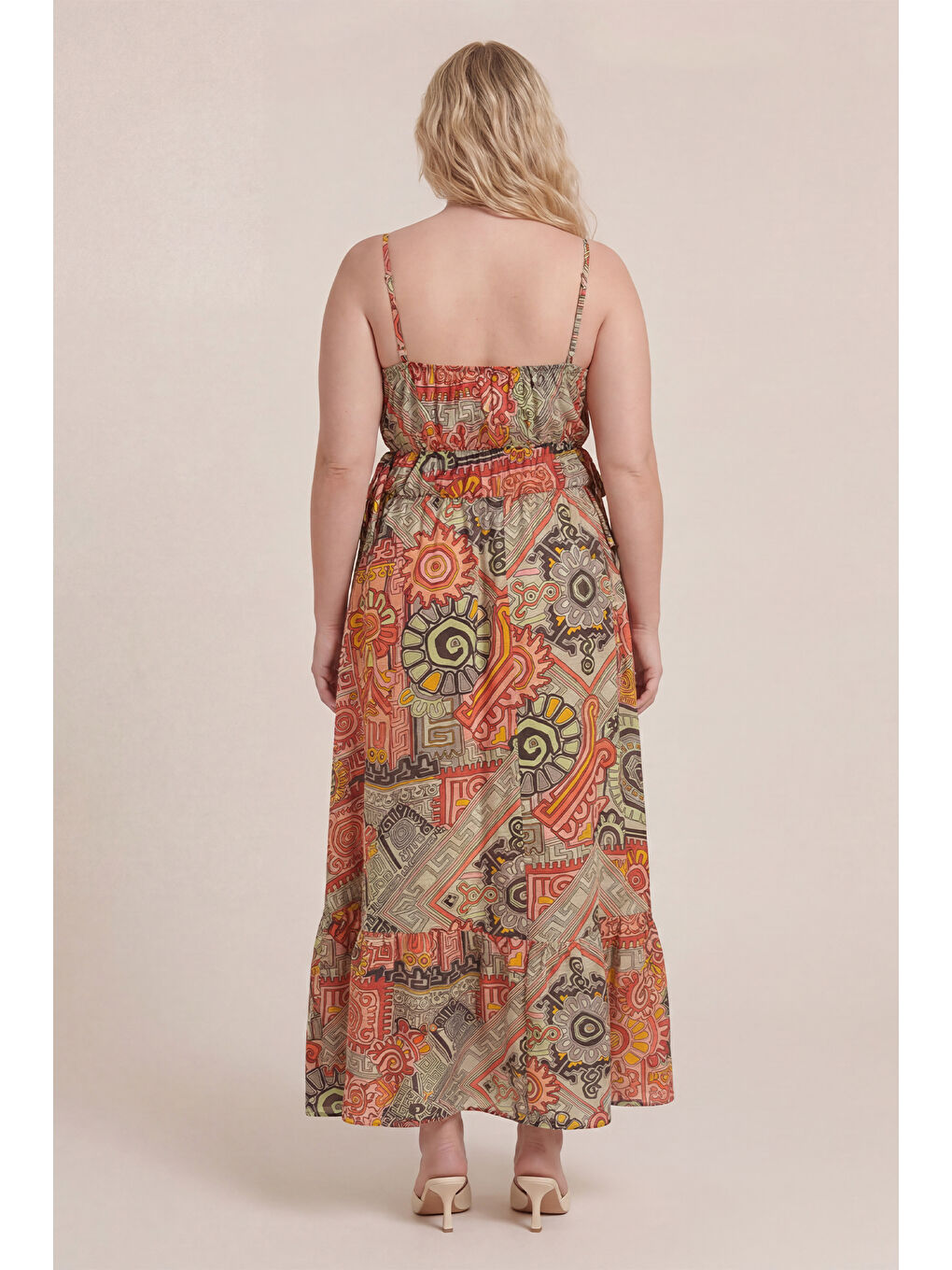 Yeşil V Yaka Büzgülü Bağlama Detaylı Elbise-1