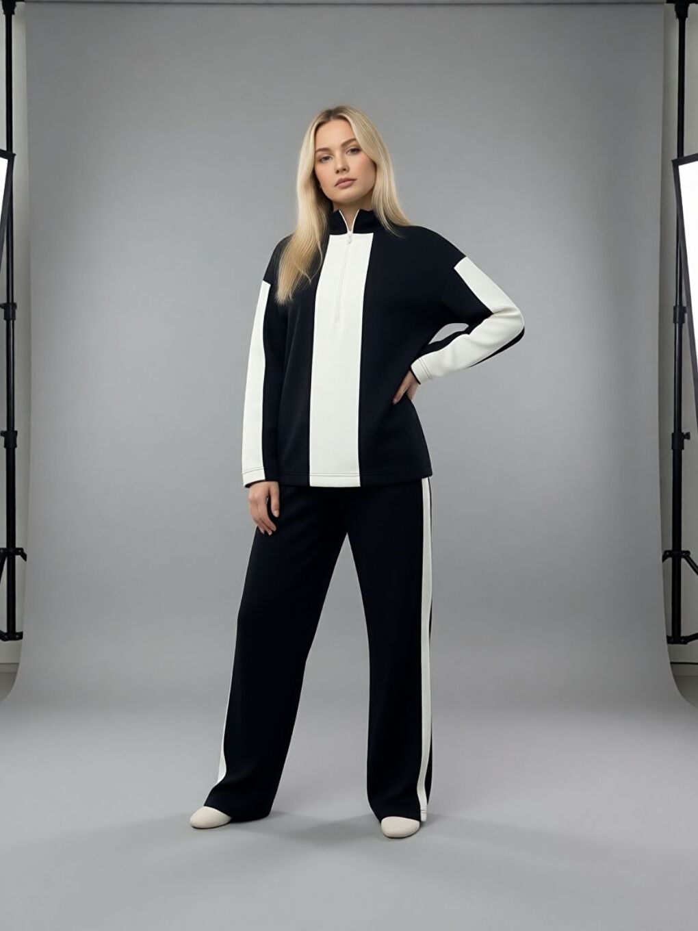 Kadın Siyah Yarım Fermuarlı Premium Kumaş Eşofman Takımı-1