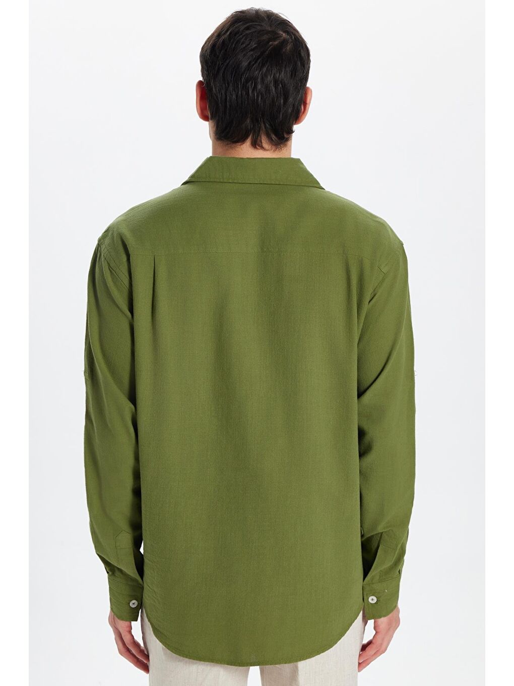 Erkek Relax Fit Rahat Kesim %100 Pamuk Keten Doku Apaş Yaka Haki Gömlek-4