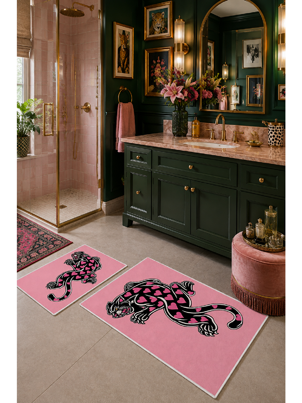 Pembe Leopar Desenli Kaymaz Taban Banyo Paspası 2’li Set-3