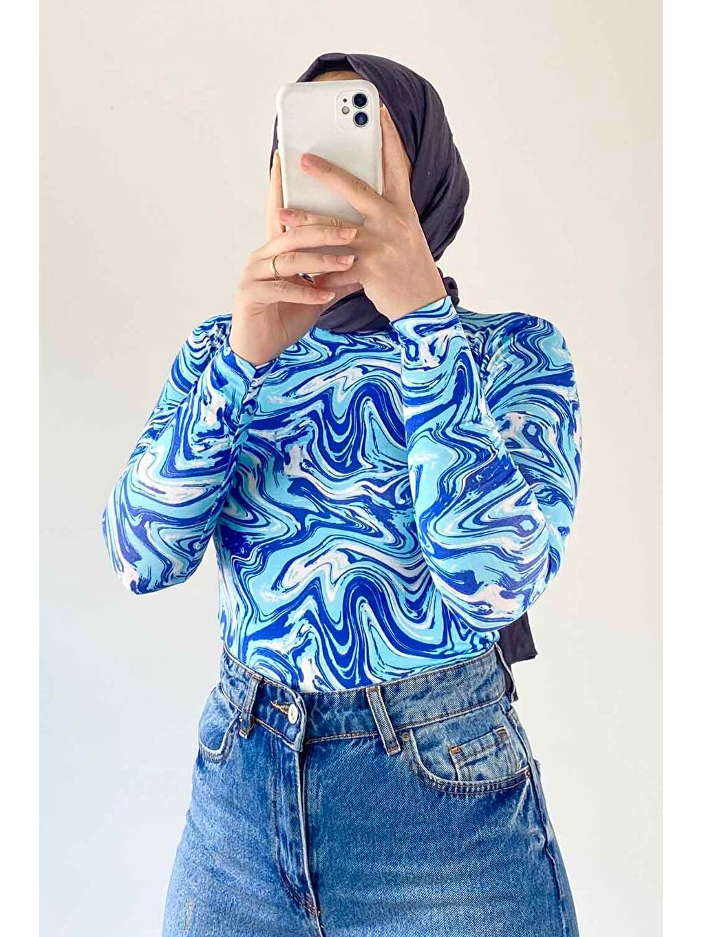 Bisiklet Yaka Ebru Desenli Body Mavi-1