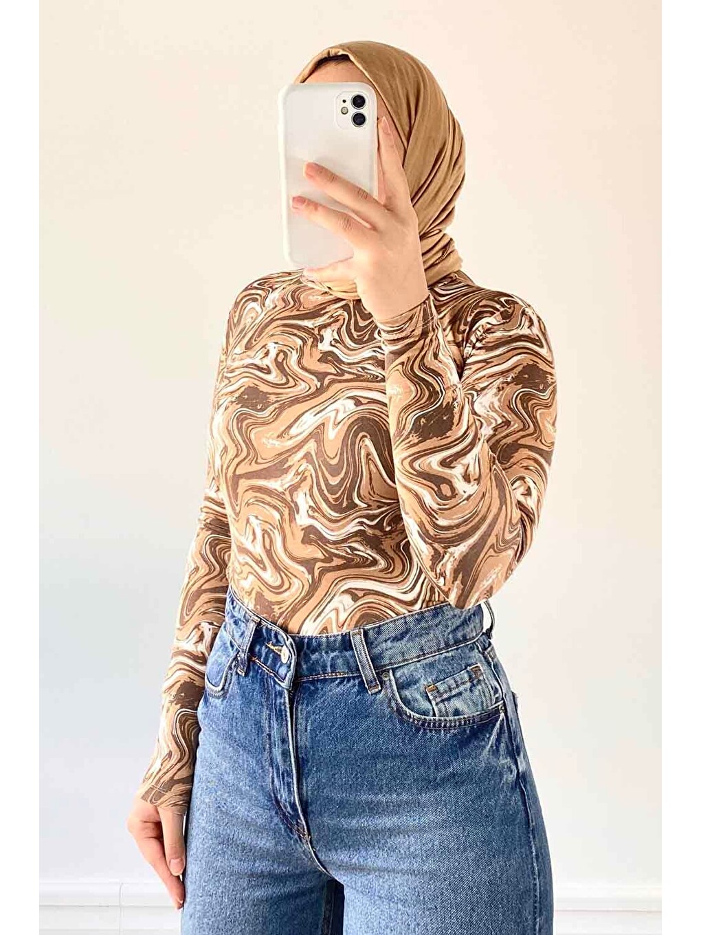 Bej Bisiklet Yaka Ebru Desenli Body Karemel-1