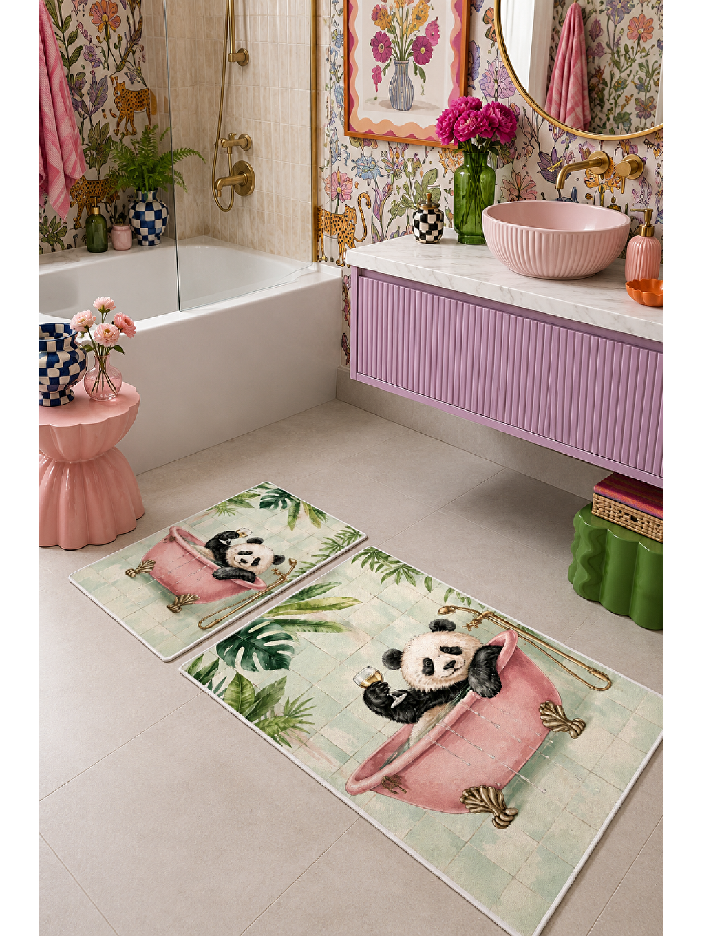 Beyaz Açık Yeşil Panda Desenli Kaymaz Taban Banyo Paspası 2’li Set-5